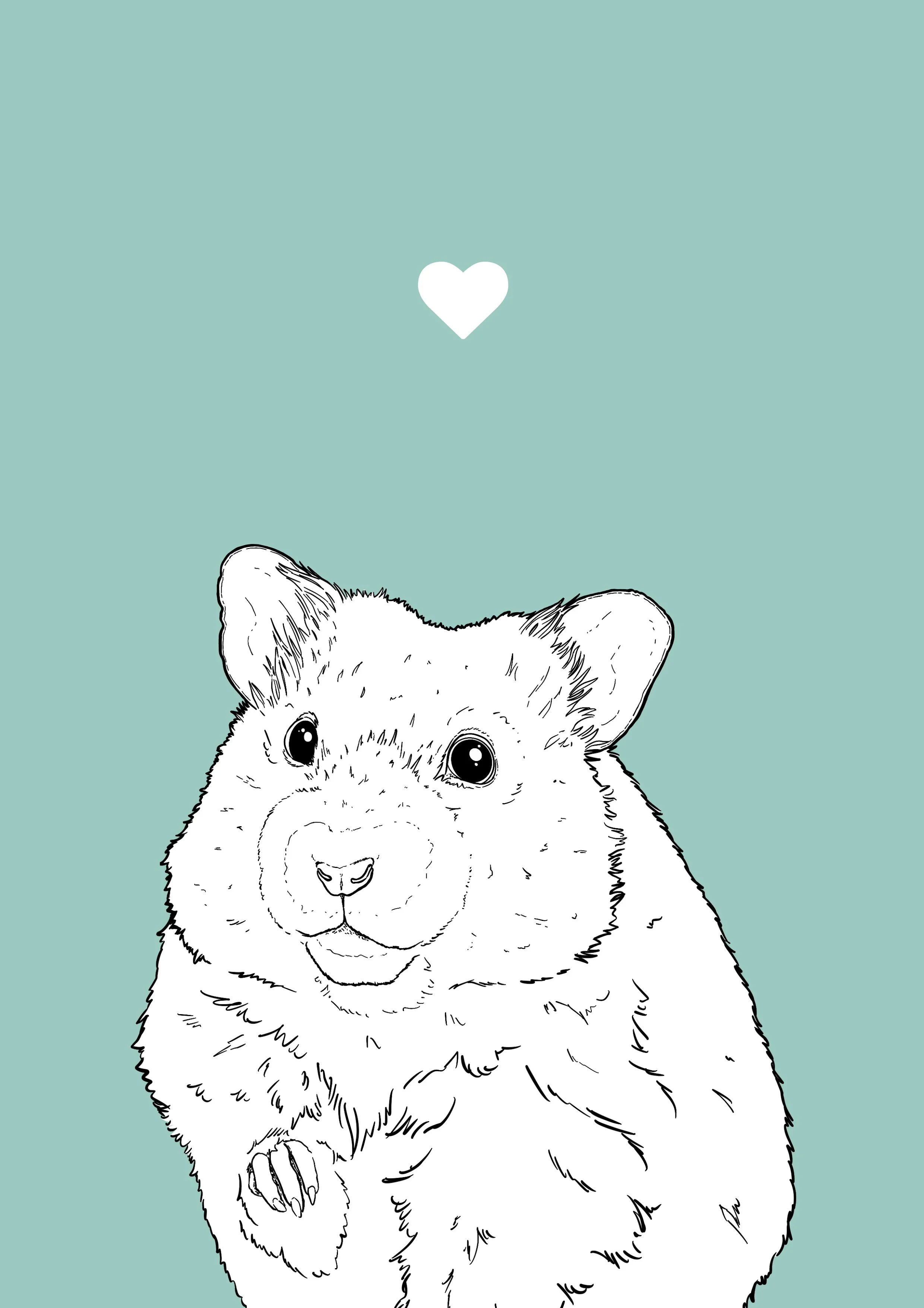An A4 print with a pale blue background & black & white digital illustration of the head & shoulders of a Hamster. A small white love heart sits not far above their head.