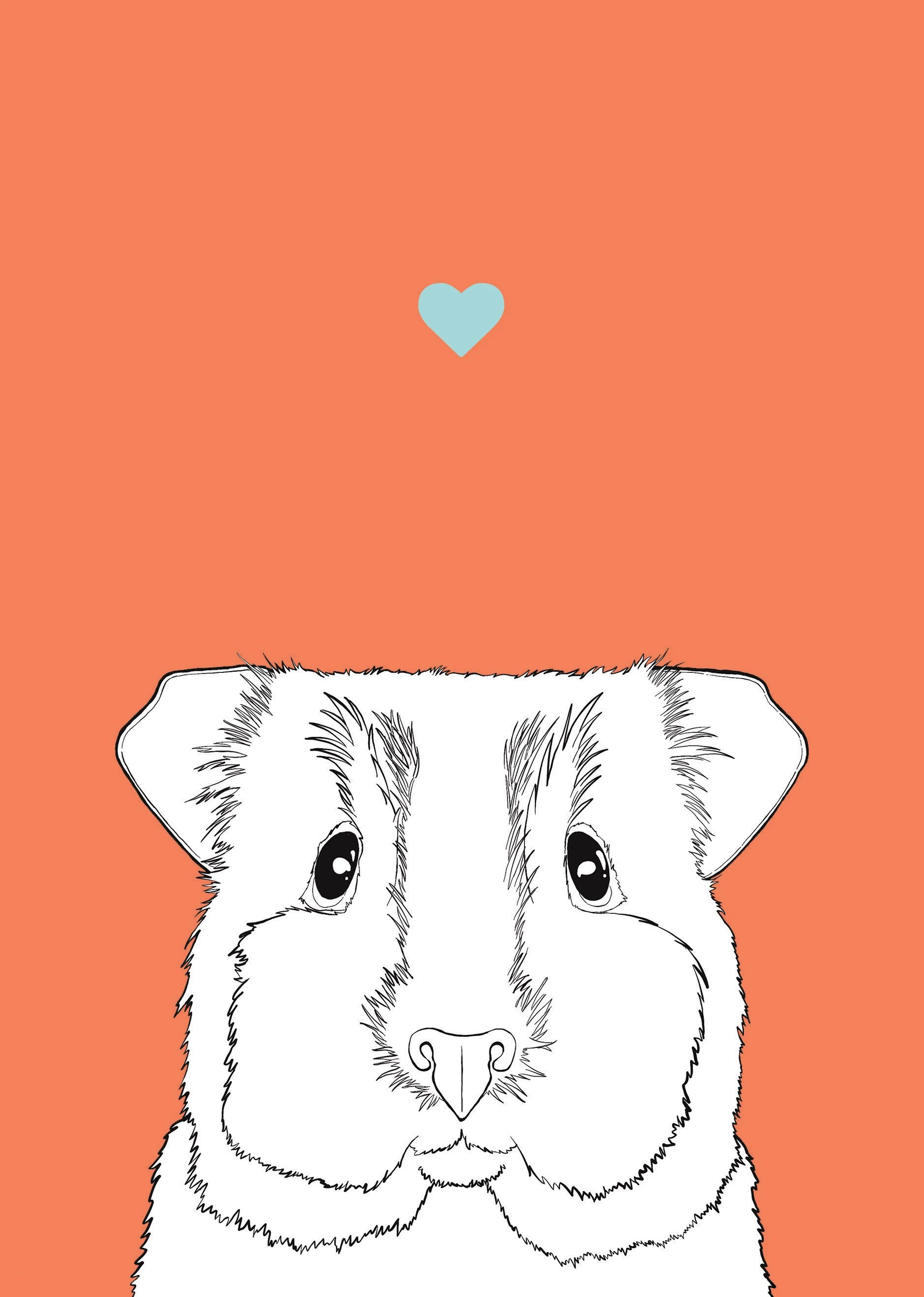An A4 print with a red background & black & white digital illustration of the head & shoulders of a Guinea Pig. A small light blue love heart sits not far above their head.