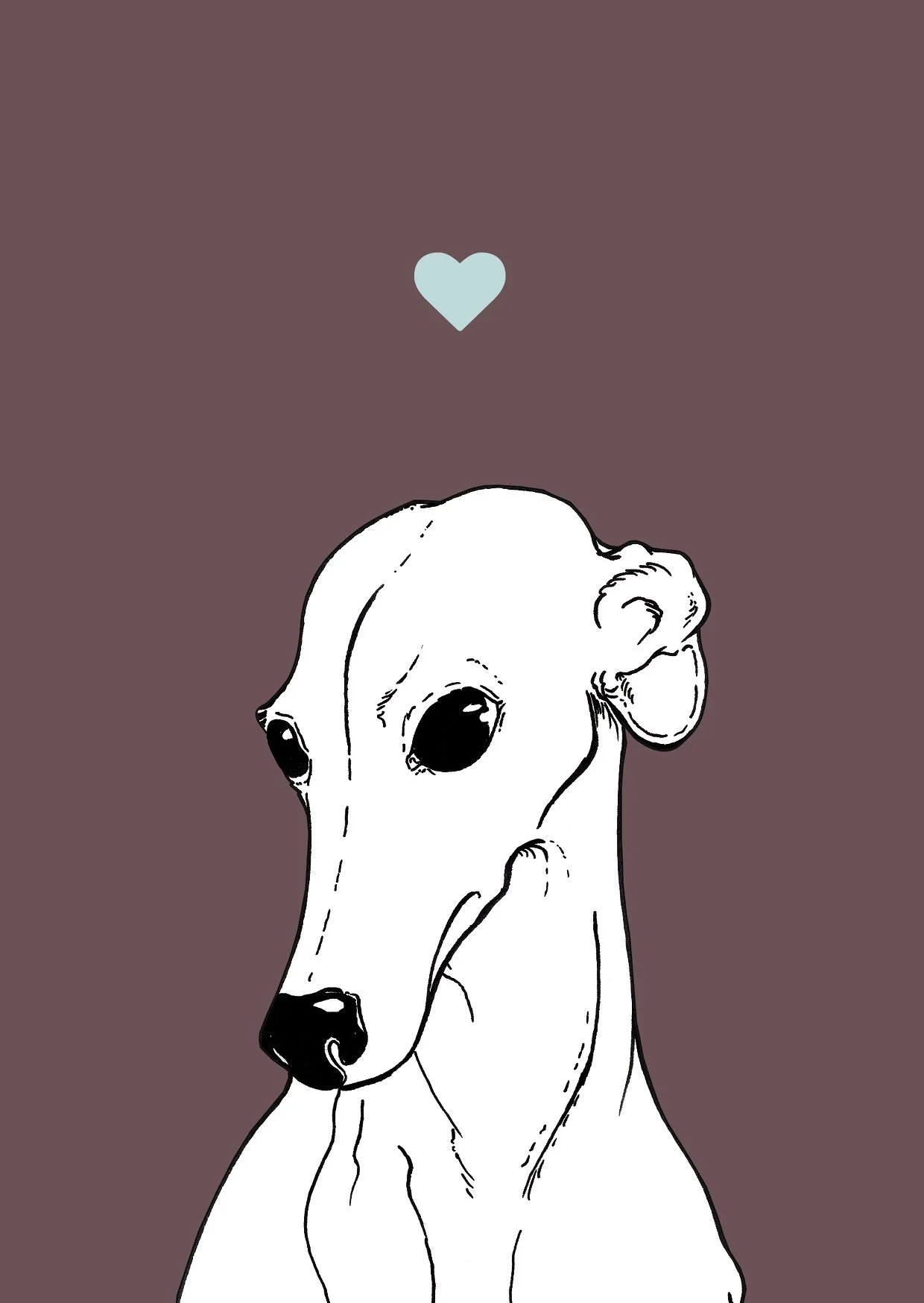 An A4 print with a purple background & black & white digital illustration of the head & shoulders of a Greyhound dog. A small light blue love heart sits not far above their head.