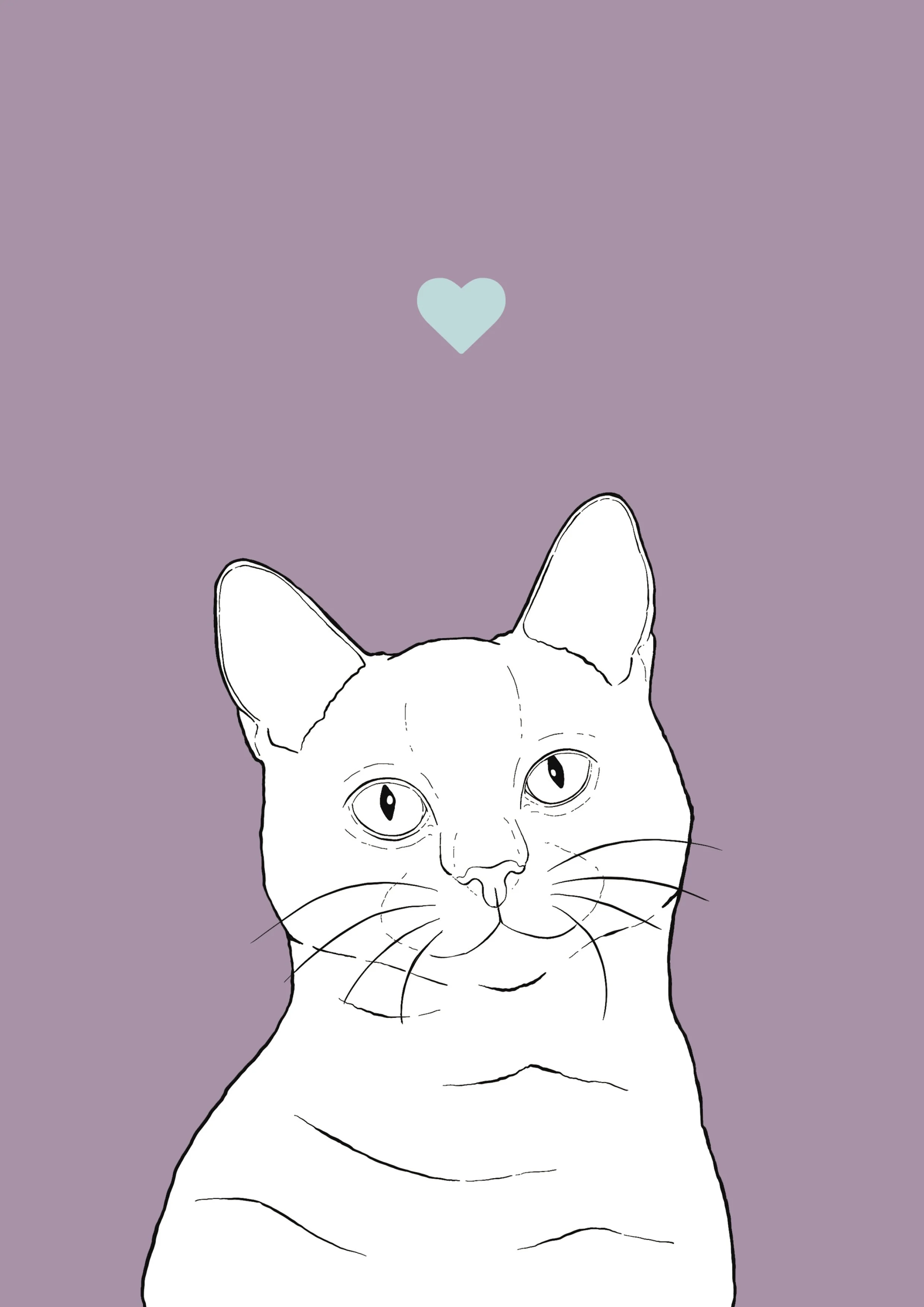An A4 print with a lilac background & black & white digital illustration of the head & shoulders of a Shorthair cat. A small light blue love heart sits not far above their head.