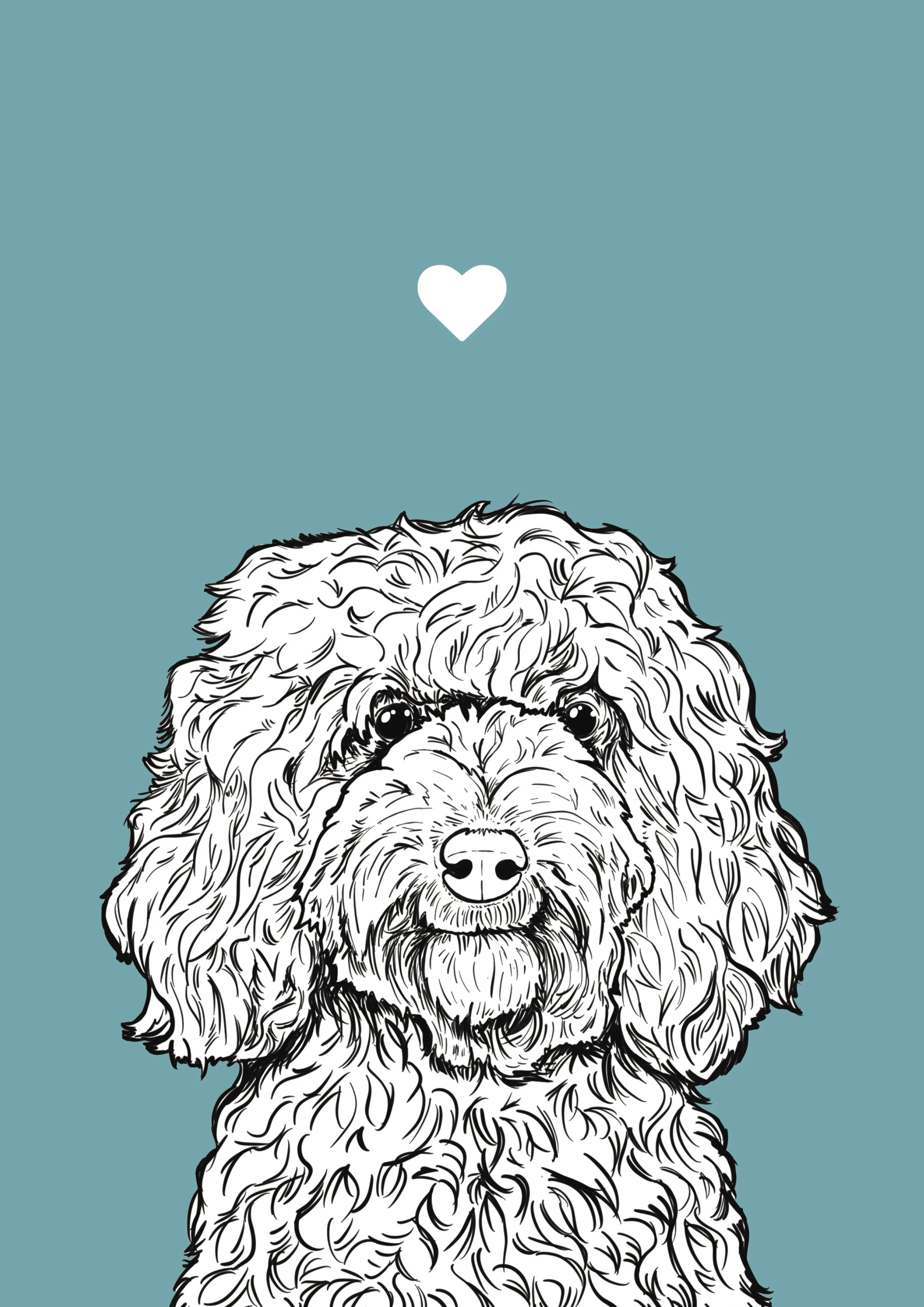 An A4 print with a turquoise background & black & white digital illustration of the head & shoulders of a Cockapoo dog. A small white love heart sits not far above their head.
