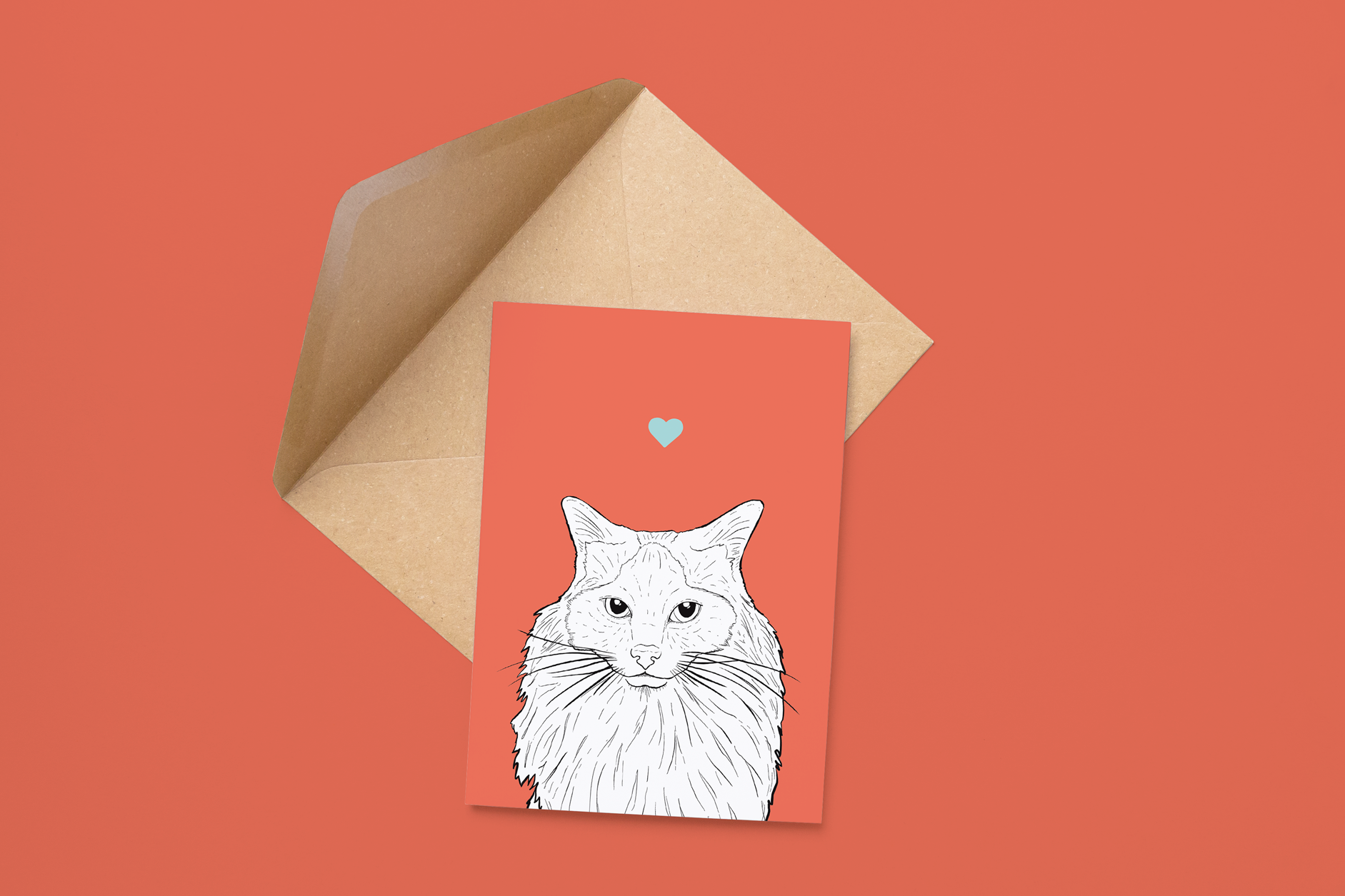 An A6 greetings card on a brown envelope. The card & image have a red background, with a black & white digital illustration of the head & shoulders of a Ragdoll cat.