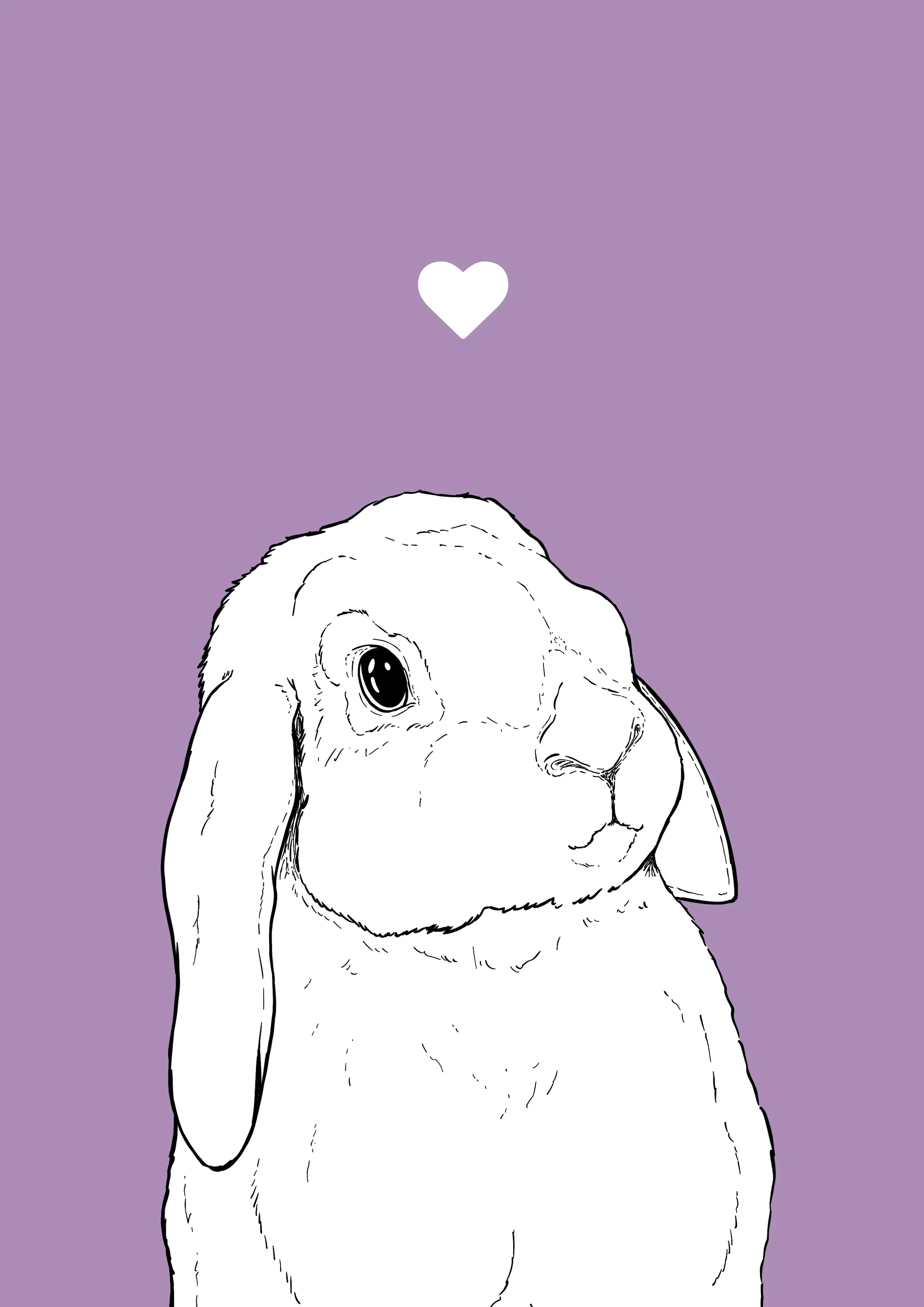 An A4 print with a lilac background & black & white digital illustration of the head & shoulders of a lop eared bunny. A small white love heart sits not far above their head.