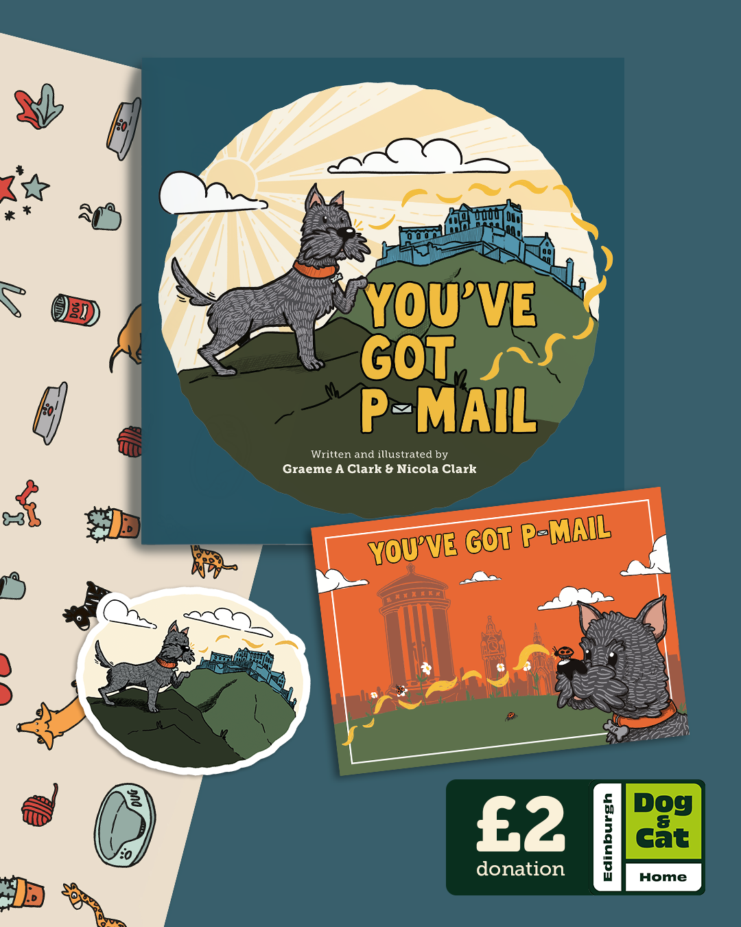 Our kid's book 'You've Got P-Mail' with a Cairn Terrier in front of Edinburgh Castle. Also a kiss cut sticker, postcard & sheet of wrapping paper with illustrations from the book.