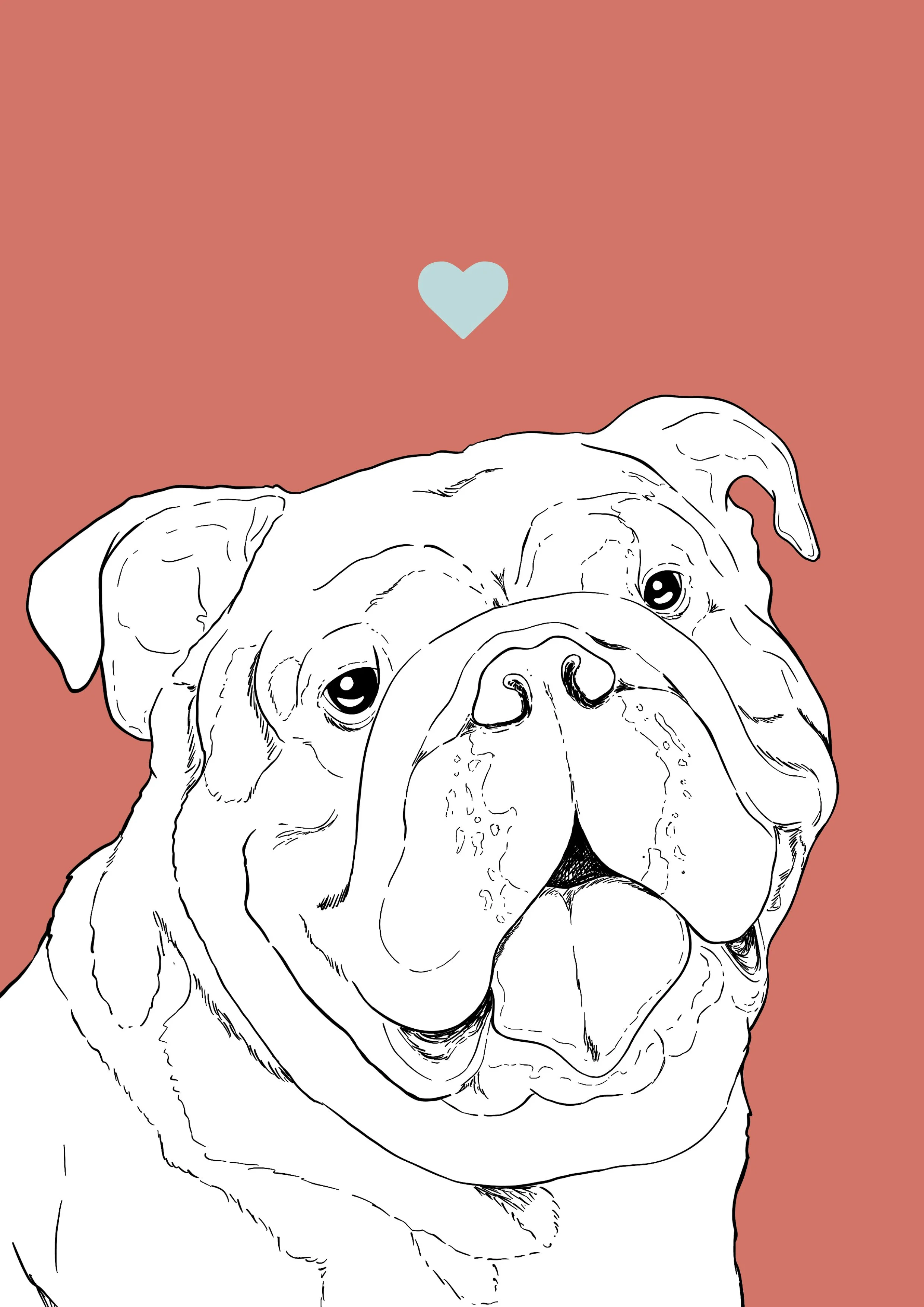 An A4 print with a red background & black & white digital illustration of the head & shoulders of an English Bulldog dog. A small light blue love heart sits not far above their head.
