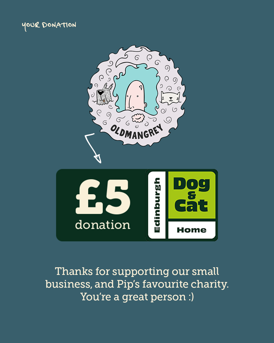 Our logo (bald headed Oldmangrey with a dog & cat poking out from his big grey beard) above logo of EDCH dog & cat rescue charity, confirming £5 from the sale of our kid's book is donated to them.