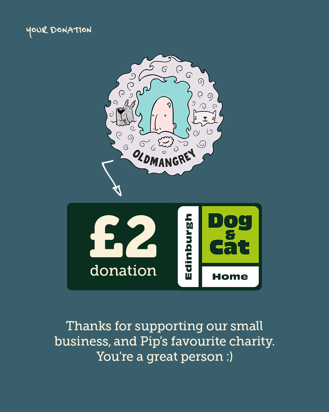 Our logo (bald headed Oldmangrey with a dog & cat poking out from his big grey beard) above logo of EDCH dog & cat rescue charity, confirming £2 from the sale of our kid's book is donated to them.