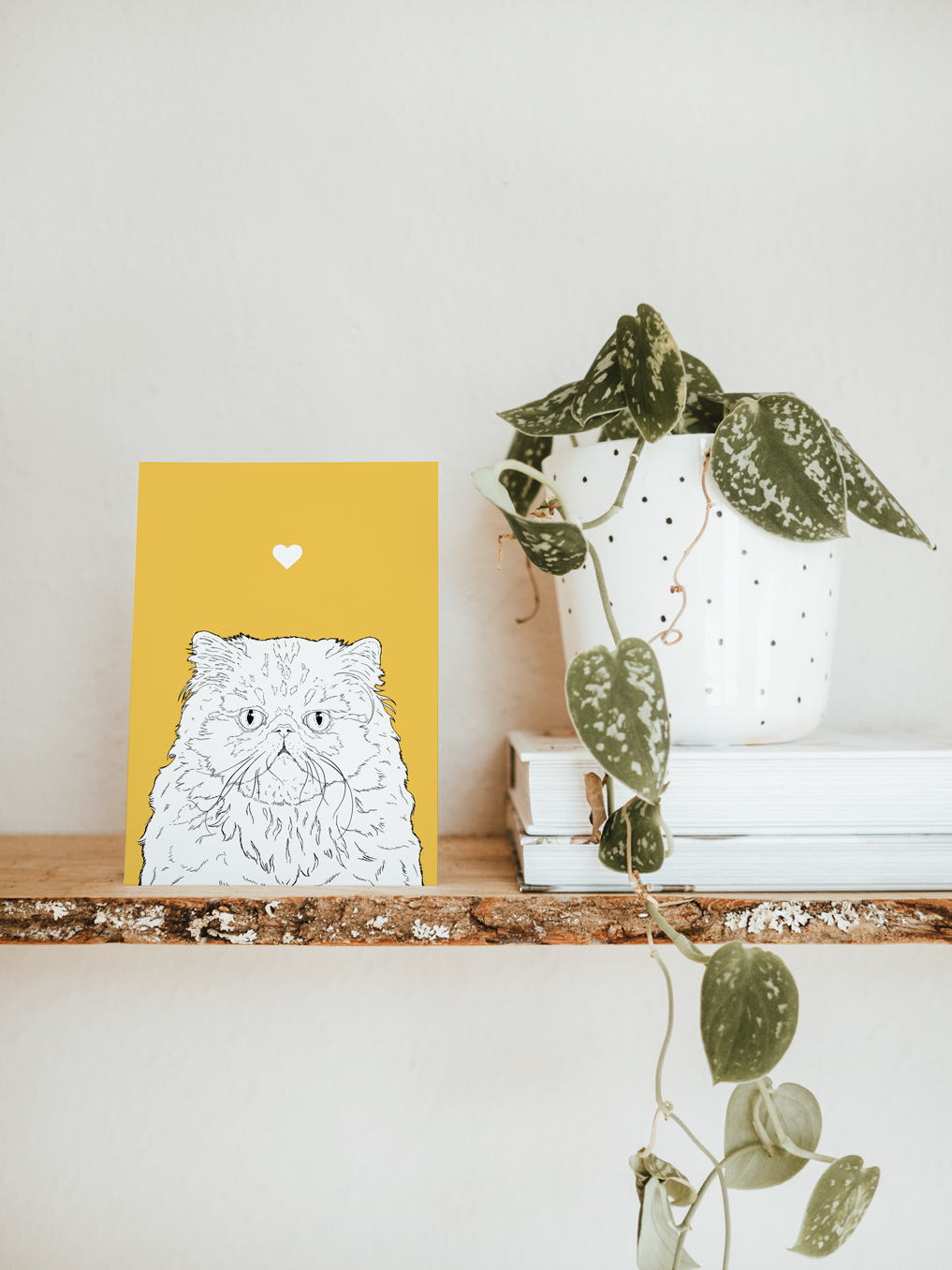 An A6 greetings card & white plant pot on a shelf. The card has a yellow orange coloured background, with a black & white digital illustration of the head & shoulders of a Persian cat.