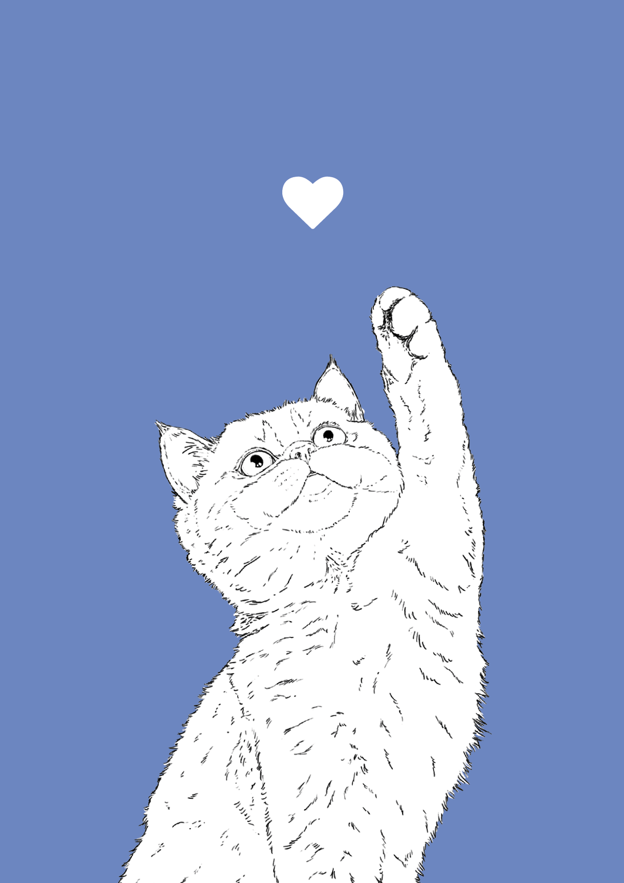 An A4 print with a powder blue background & black & white digital illustration of the head & shoulders of a kitten. A small white love heart sits not far above their head.