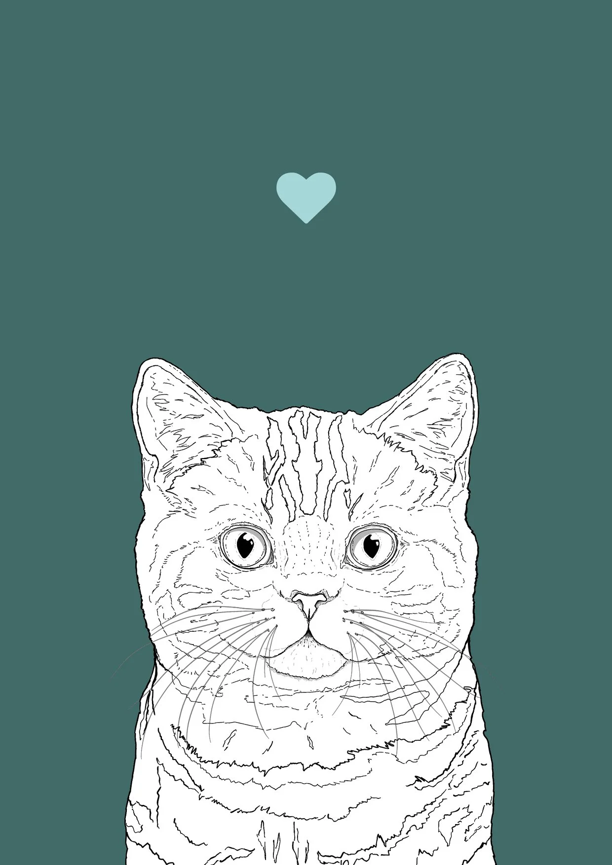 An A4 print with a green background & black & white digital illustration of the head & shoulders of a Moggie cat. A small light blue love heart sits not far above their head.