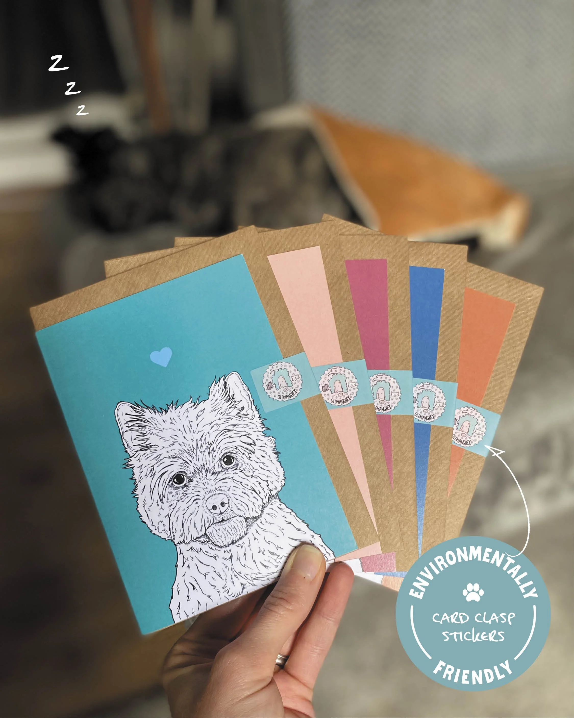 Five A6 dog cards, held up in a fan shape. Each has a brown envelope tucked inside, wrapped in a card clasp sticker. A wee grey dog is in the blurred background, snoozing on a sofa under a blanket.