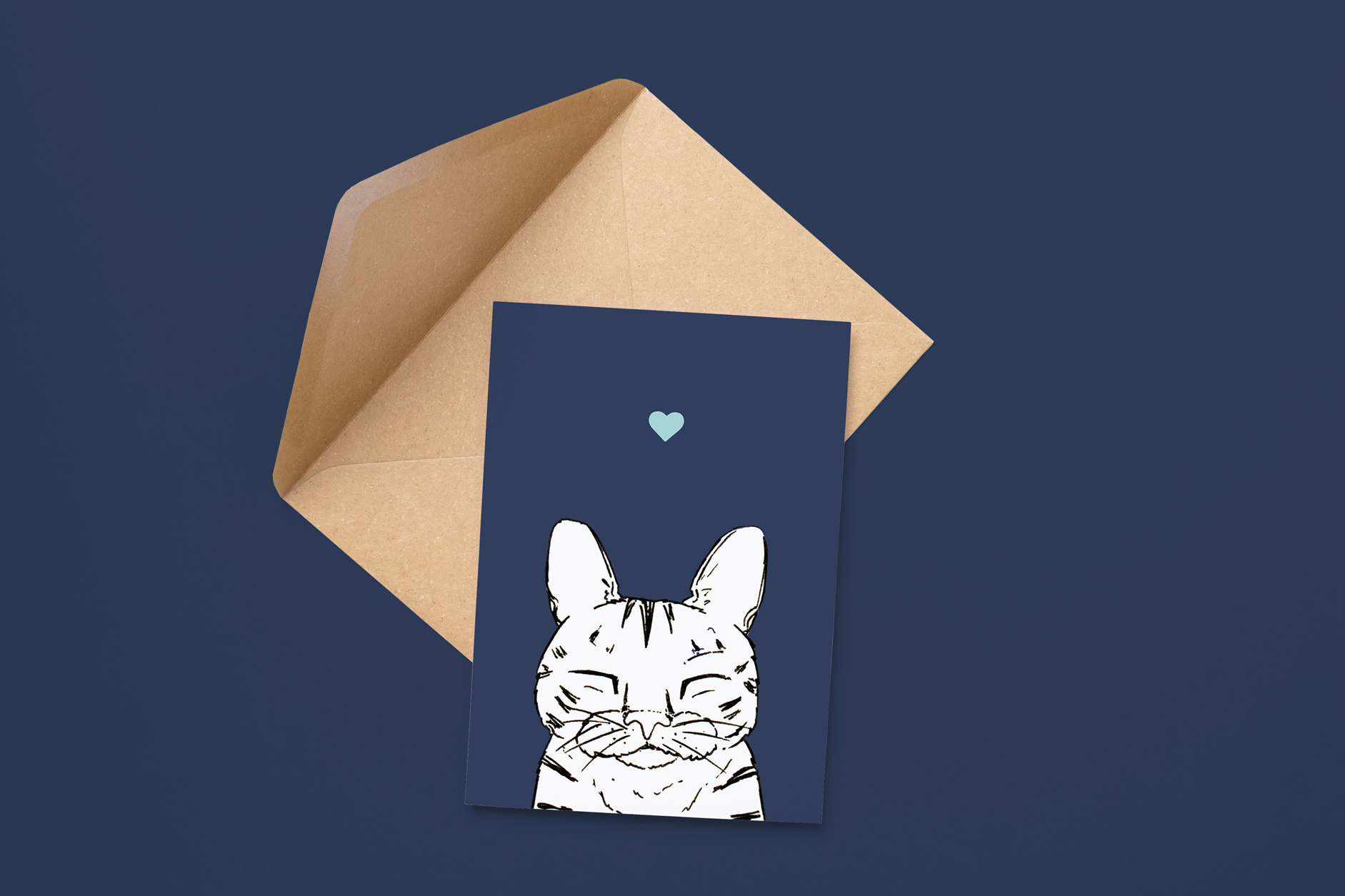 An A6 greetings card on a brown envelope. The card & image have a navy blue background, with a black & white digital illustration of the head & shoulders of a stripy sleepy cat.