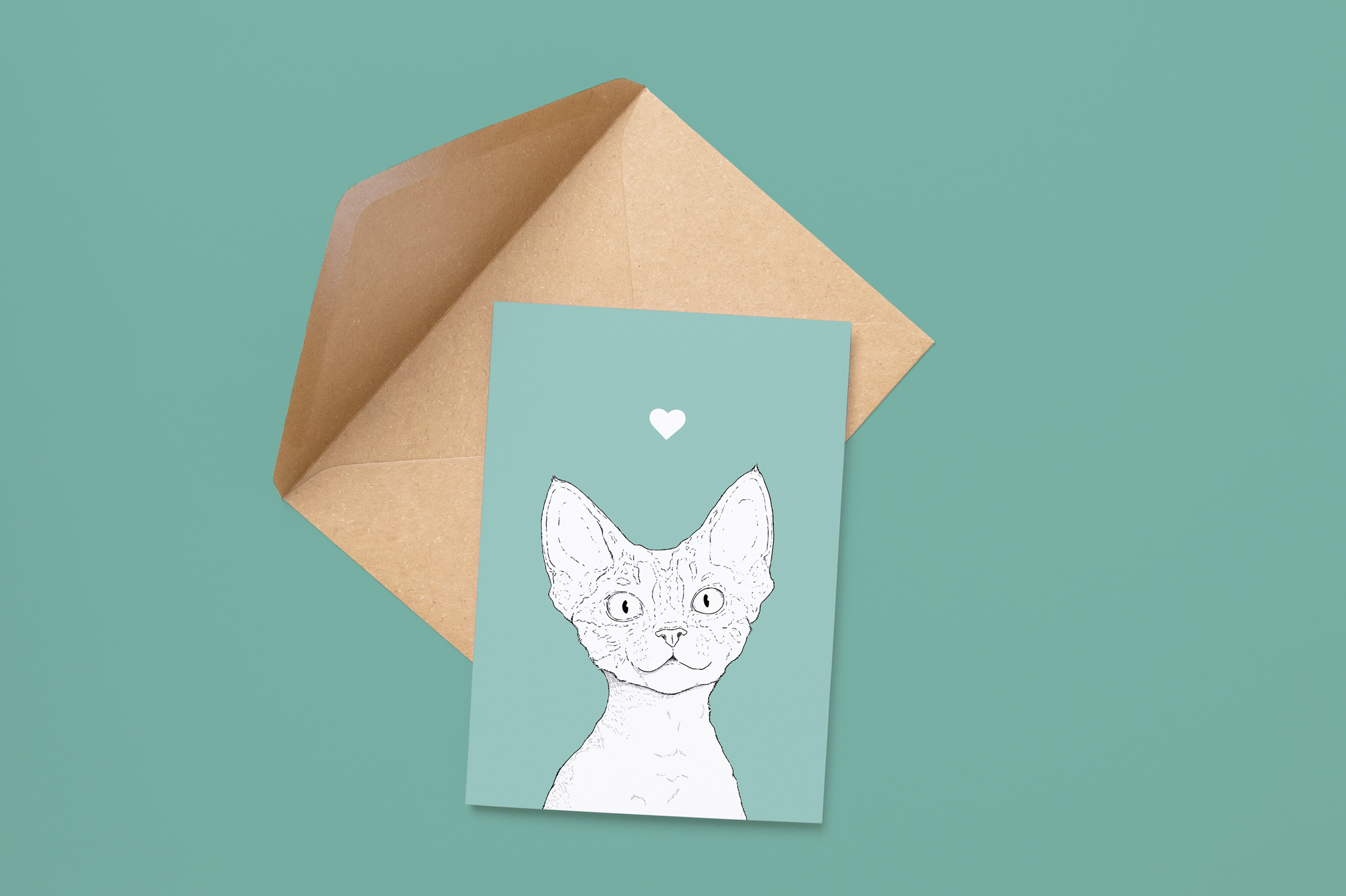 An A6 greetings card on a brown envelope. The card & image have a pale sage green background, with a black & white digital illustration of the head & shoulders of a Devon Rex cat.
