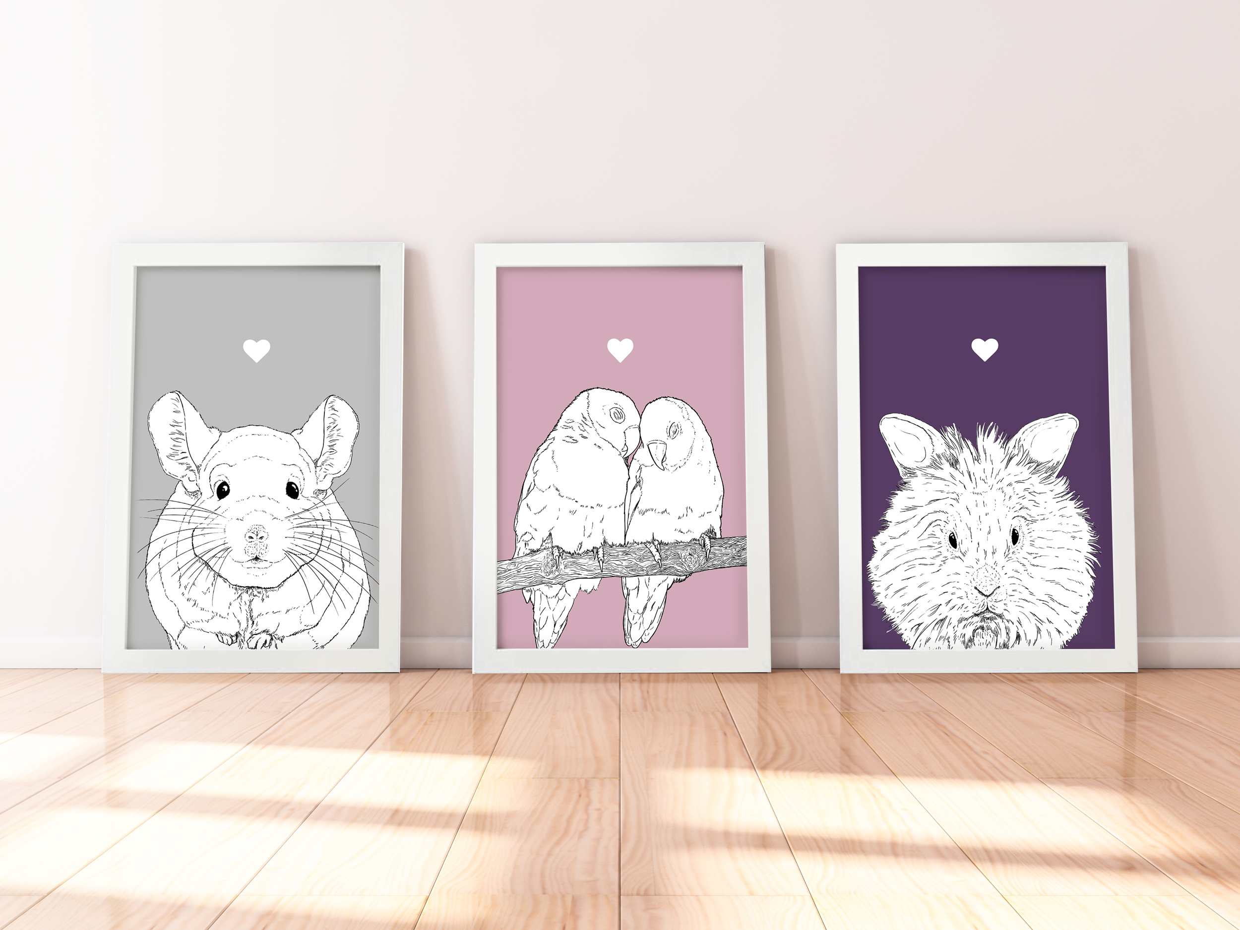 A trio of A4 prints in white wooden frames leaning against a white wall. Each has a black & white digital illustration of a wee pet: Chinchilla, Lovebirds & Lionhead rabbit