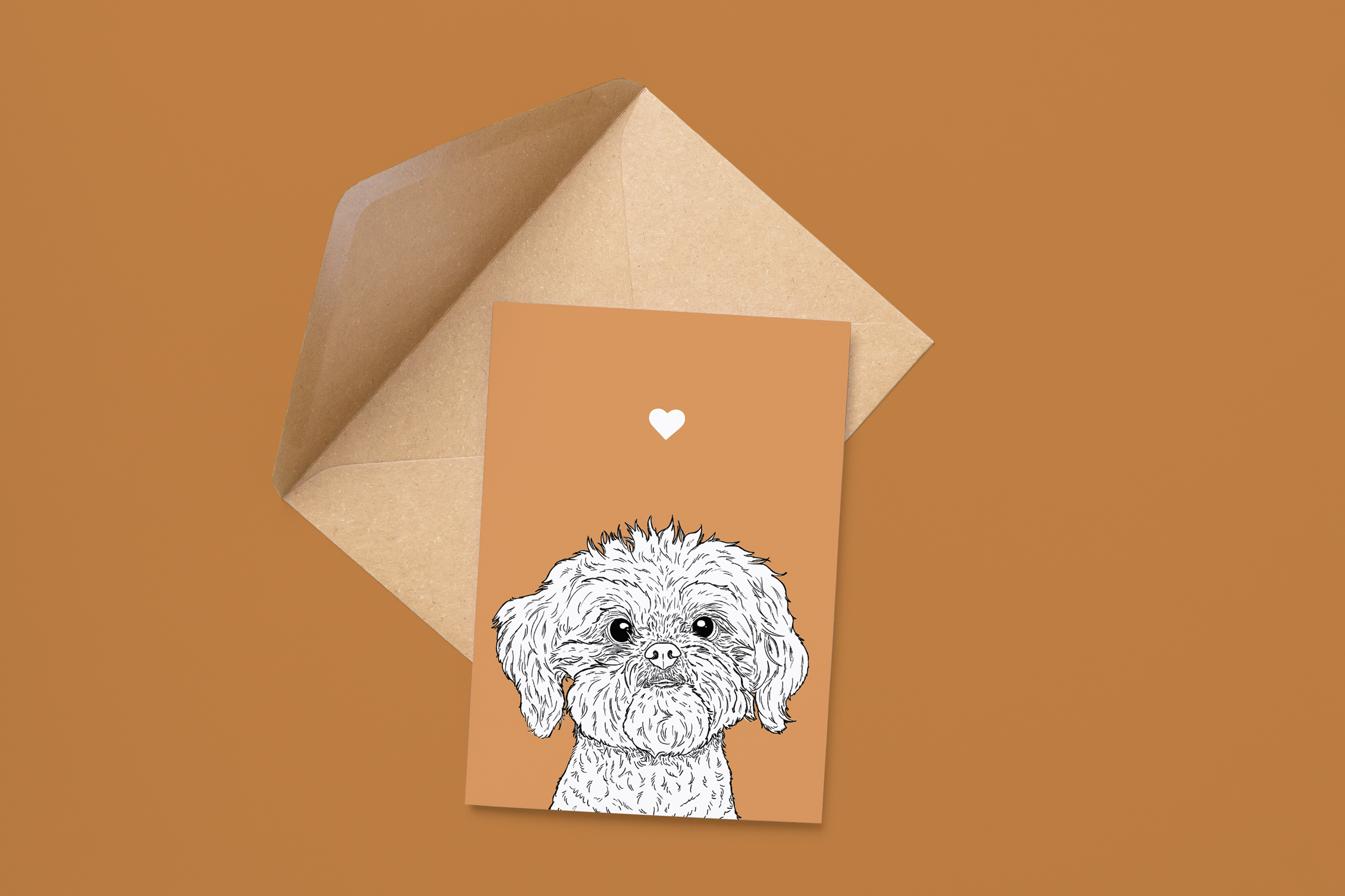 An A6 greetings card on a brown envelope. The card & image have an orange background, with a black & white digital illustration of the head & shoulders of a Shih Tzu dog.