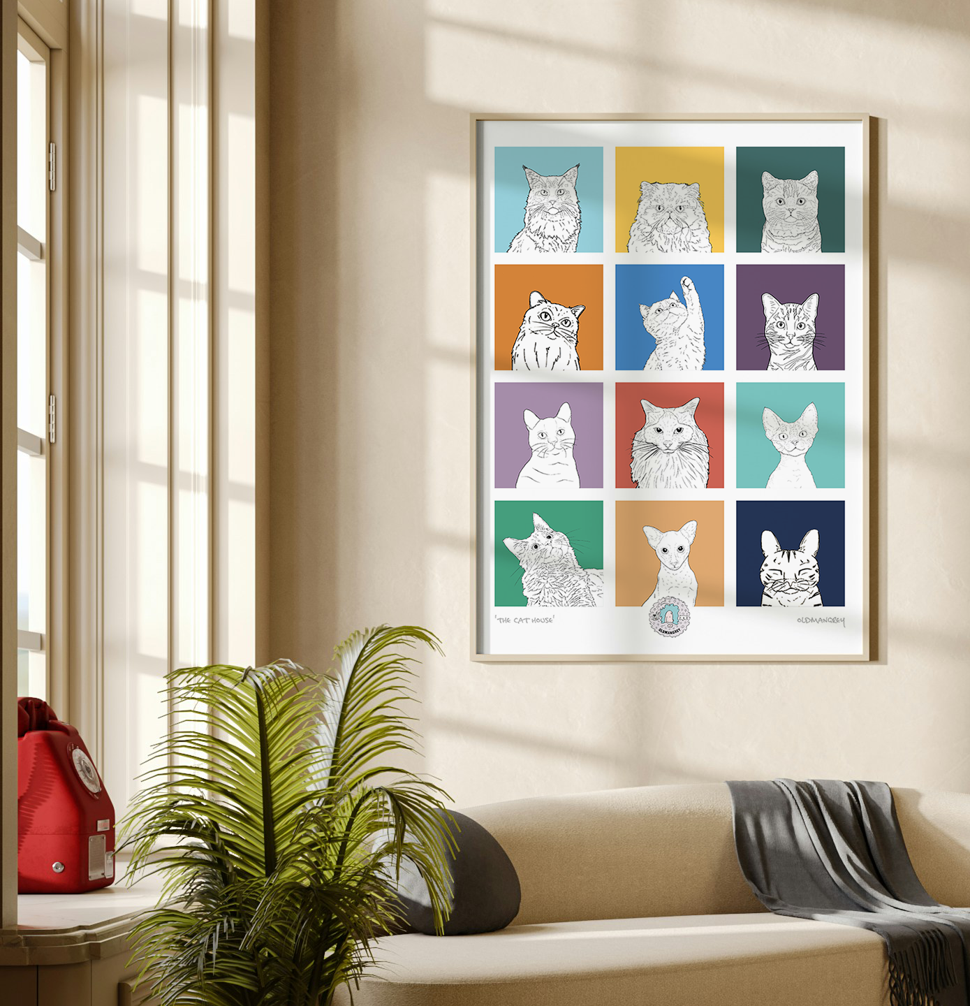 An A3 print with a 3 by 3 grid of bright squares with a black & white digital illustration of the head & shoulders of a cat. A window on the left & sofa below.