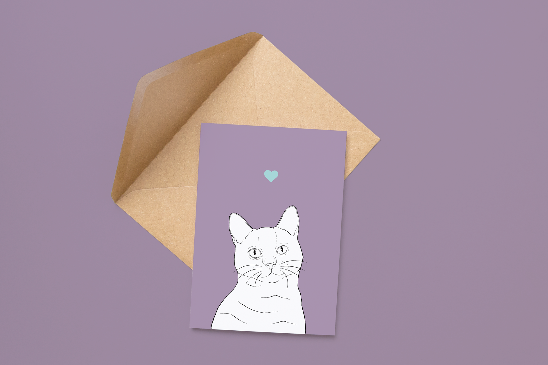 An A6 greetings card on a brown envelope. The card & image have a lilac purple background, with a black & white digital illustration of the head & shoulders of a Shorthair cat.