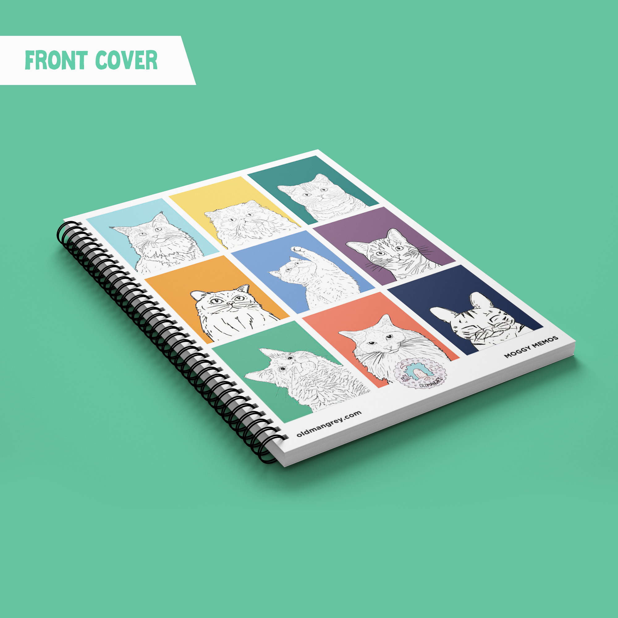 My A5 Moggy Memos wire bound notebook lying diagonally on a mint geen backdrop with a title 'Front Cover'. 9 coloured boxes each have a black & white illustration of the head & shoulders of a cat.