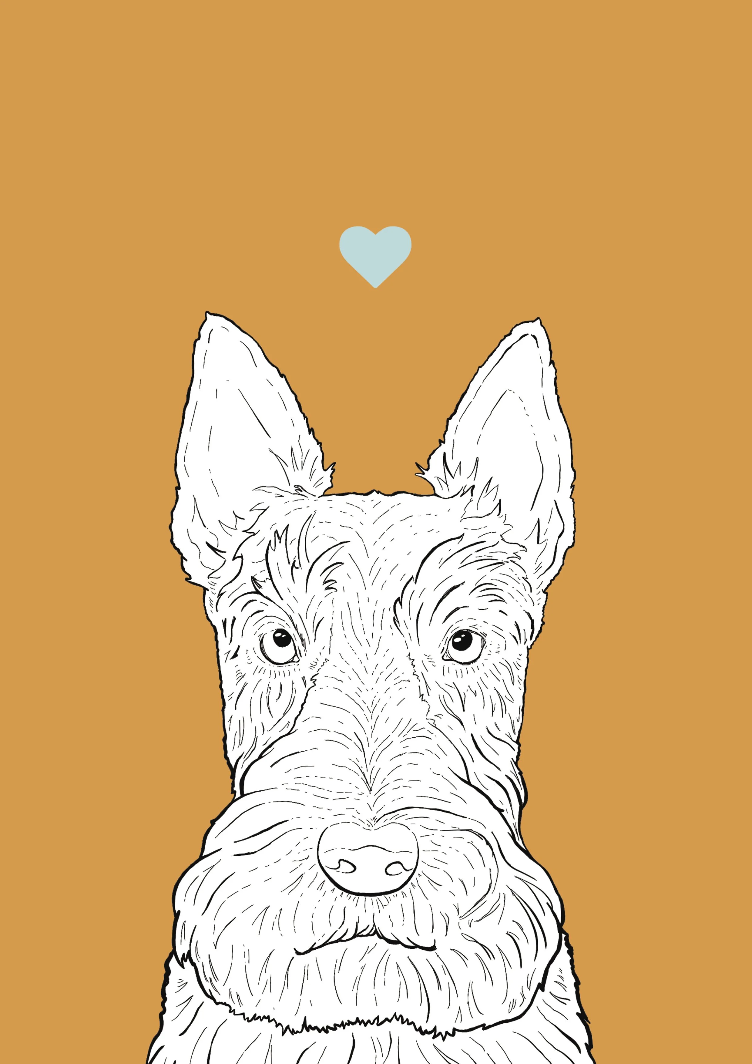 An A4 print with an orange background & black & white digital illustration of the head & shoulders of a Scottie dog. A small light blue love heart sits not far above their head.