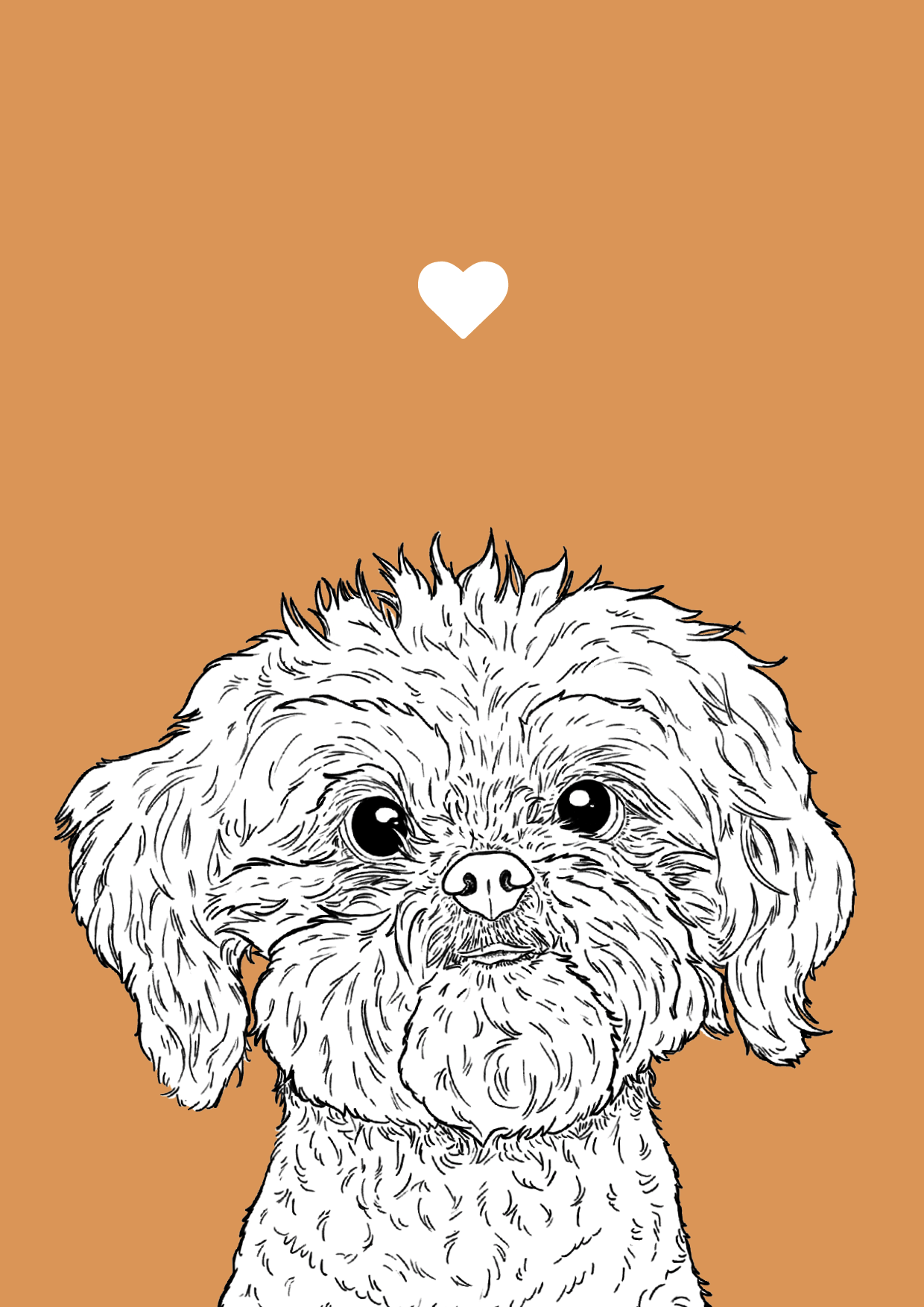 An A4 print with an orange background & black & white digital illustration of the head & shoulders of a Shih Tzu dog. A small white love heart sits not far above their head.