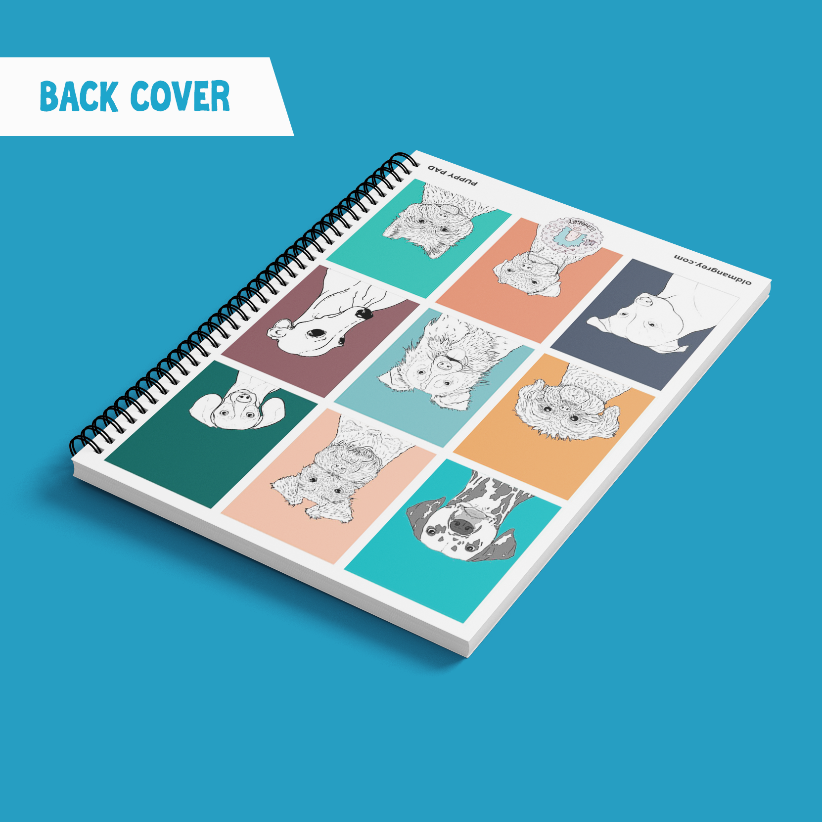 My A5 Puppy Pad wire bound notebook lying diagonally on a blue backdrop with a title 'Back Cover'. 9 coloured boxes each have a black & white illustration of the head & shoulders of a dog.
