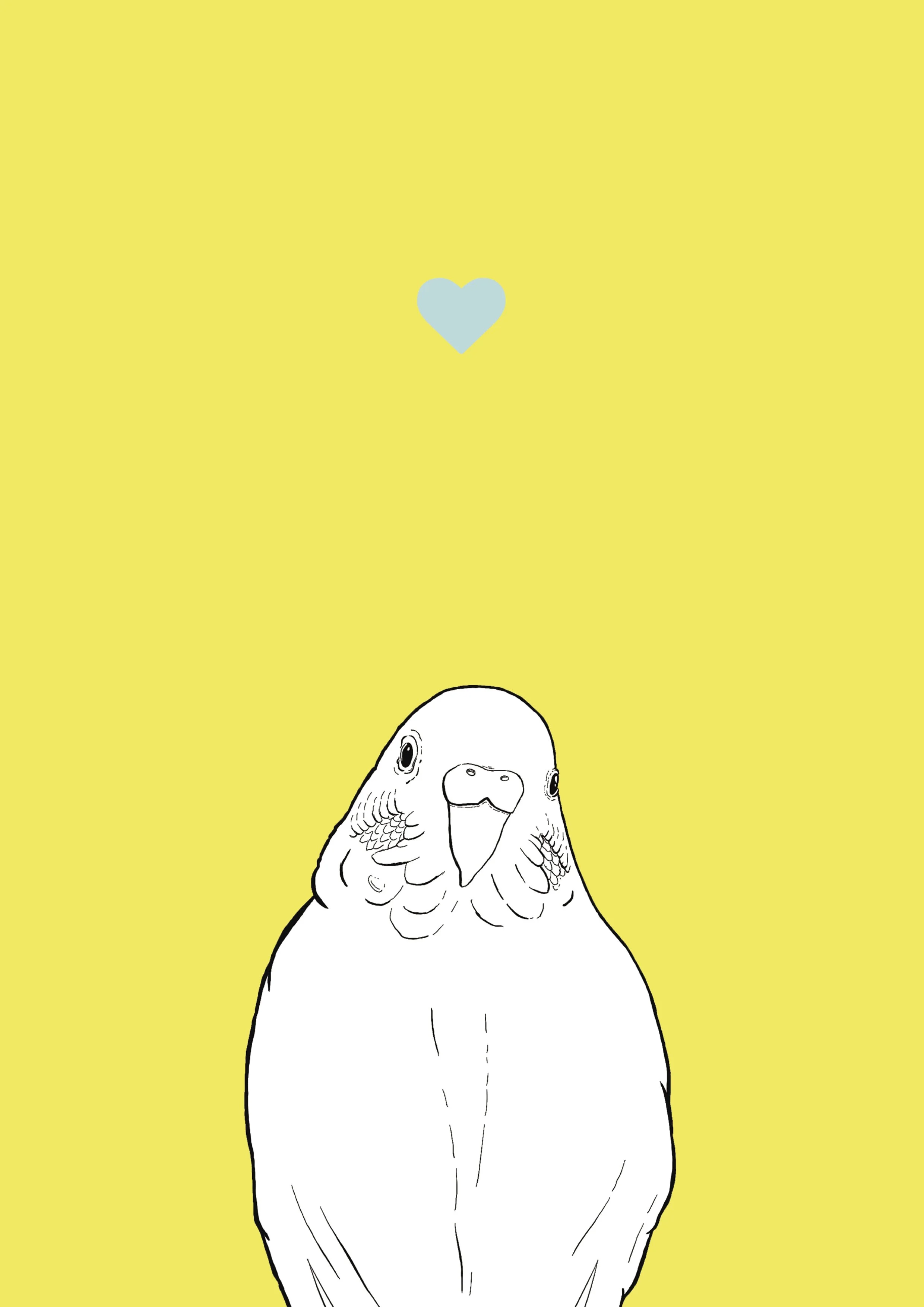 An A4 print with a yellow background & black & white digital illustration of the head & shoulders of a Budgie. A small light blue love heart sits not far above their head.