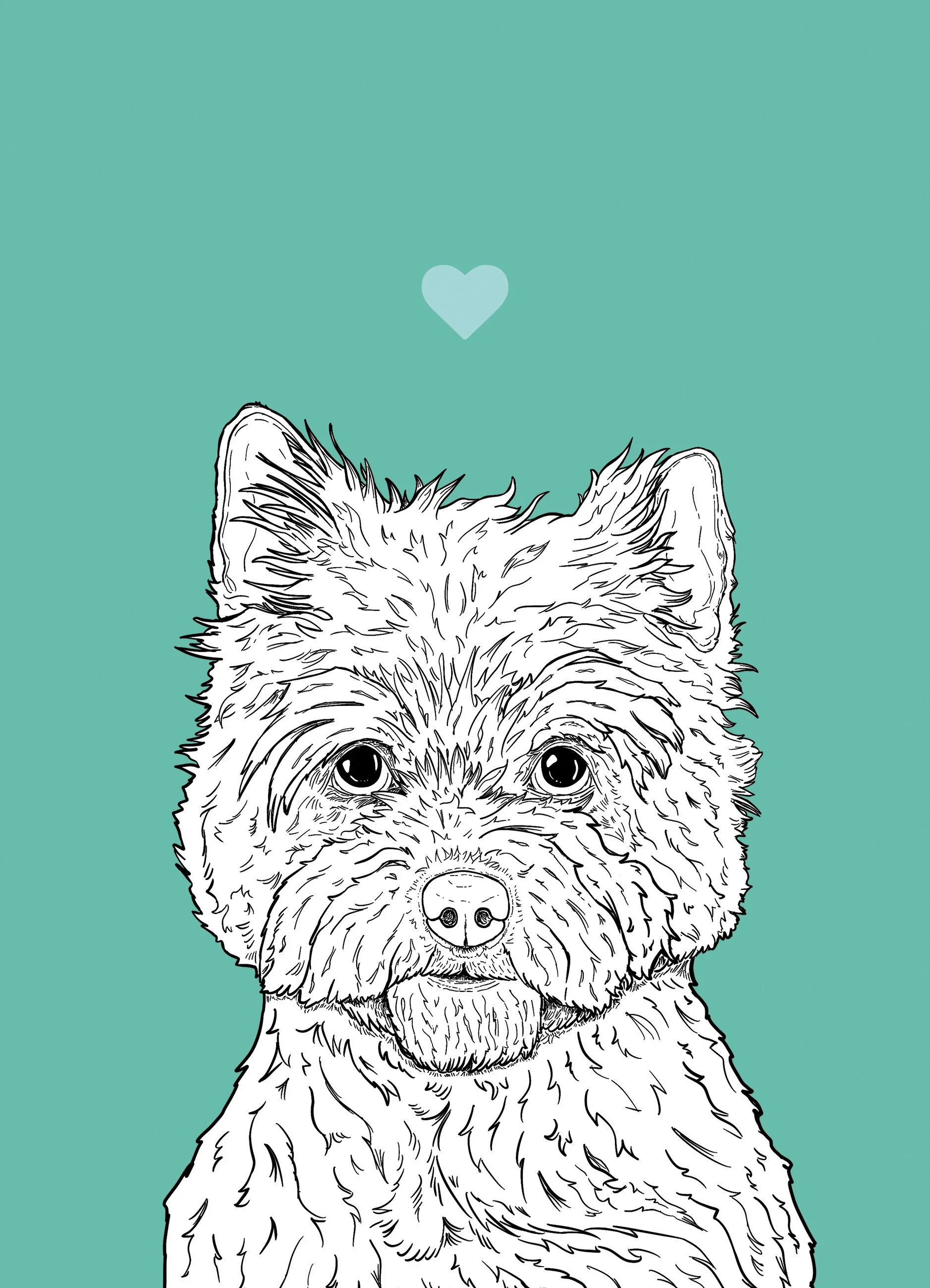 An A4 print with a mint green background & black & white digital illustration of the head & shoulders of a Cairn Terrier dog. A small light blue love heart sits not far above their head.