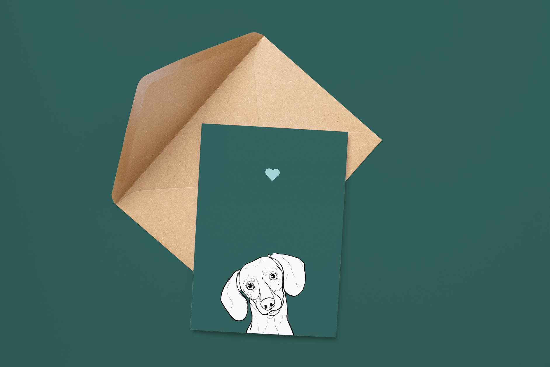 An A6 greetings card on a brown envelope. The card & image have a dark green background, with a black & white digital illustration of the head & shoulders of a Mini Dachshund dog.