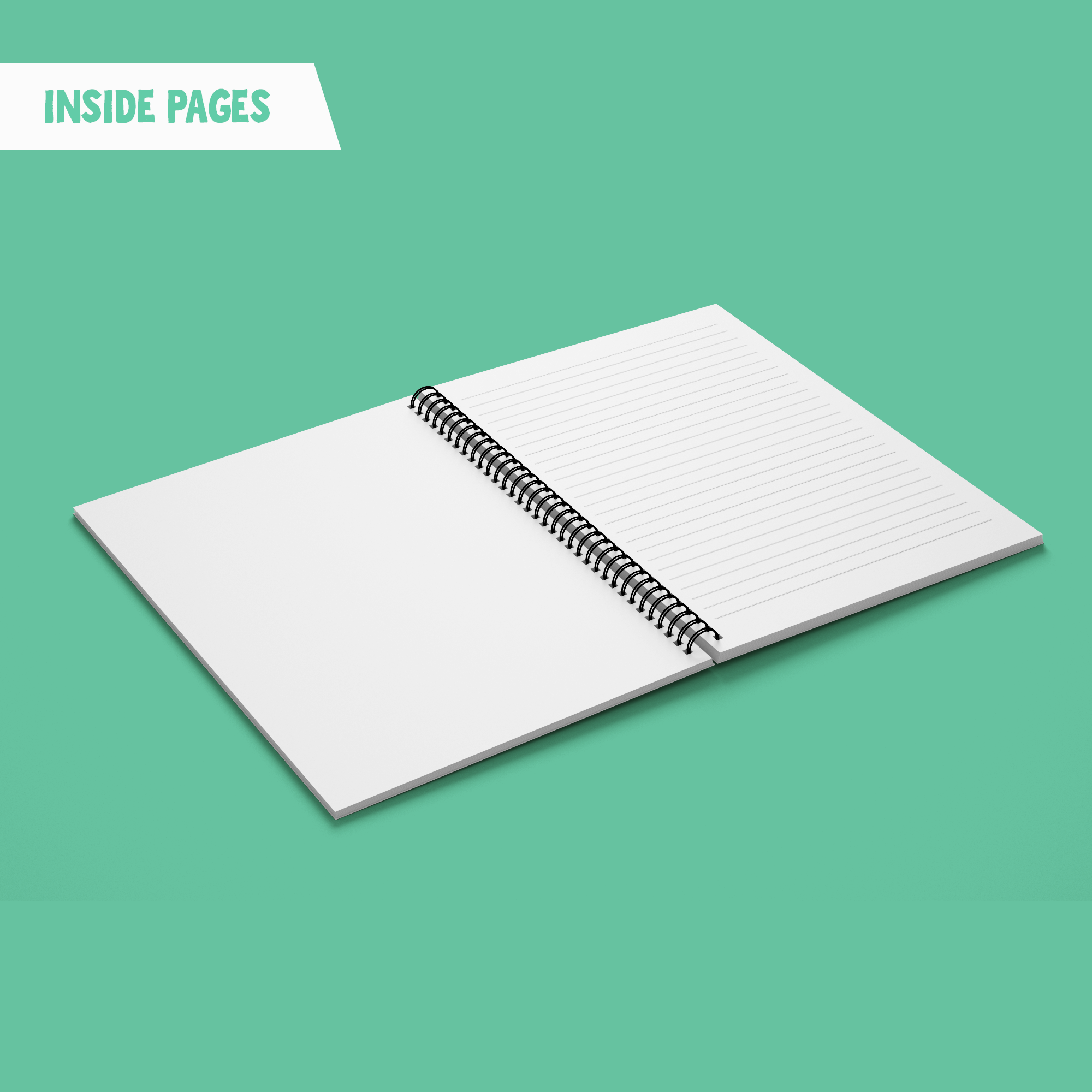 My A5 Moggy Memos wire bound notebook lying open on a mint geen backdrop with a title 'Inside Pages'. The left one is blank, the right on is lined.