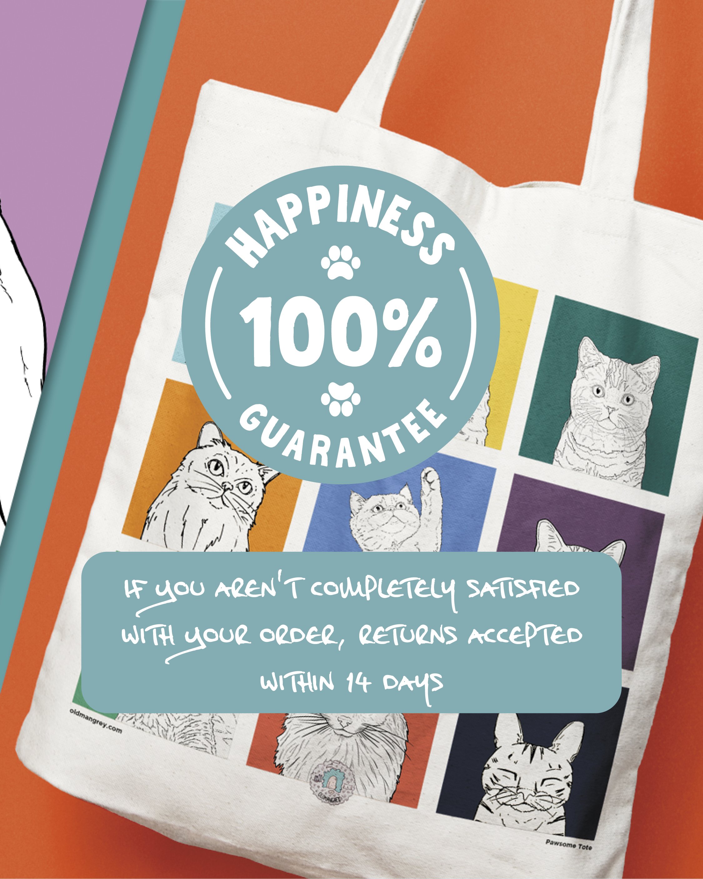 A flatlay showing our brightly coloured cat-themed Tote Bag. Text on top stating 100% happiness guaranteed - returns accepted within 14 days.