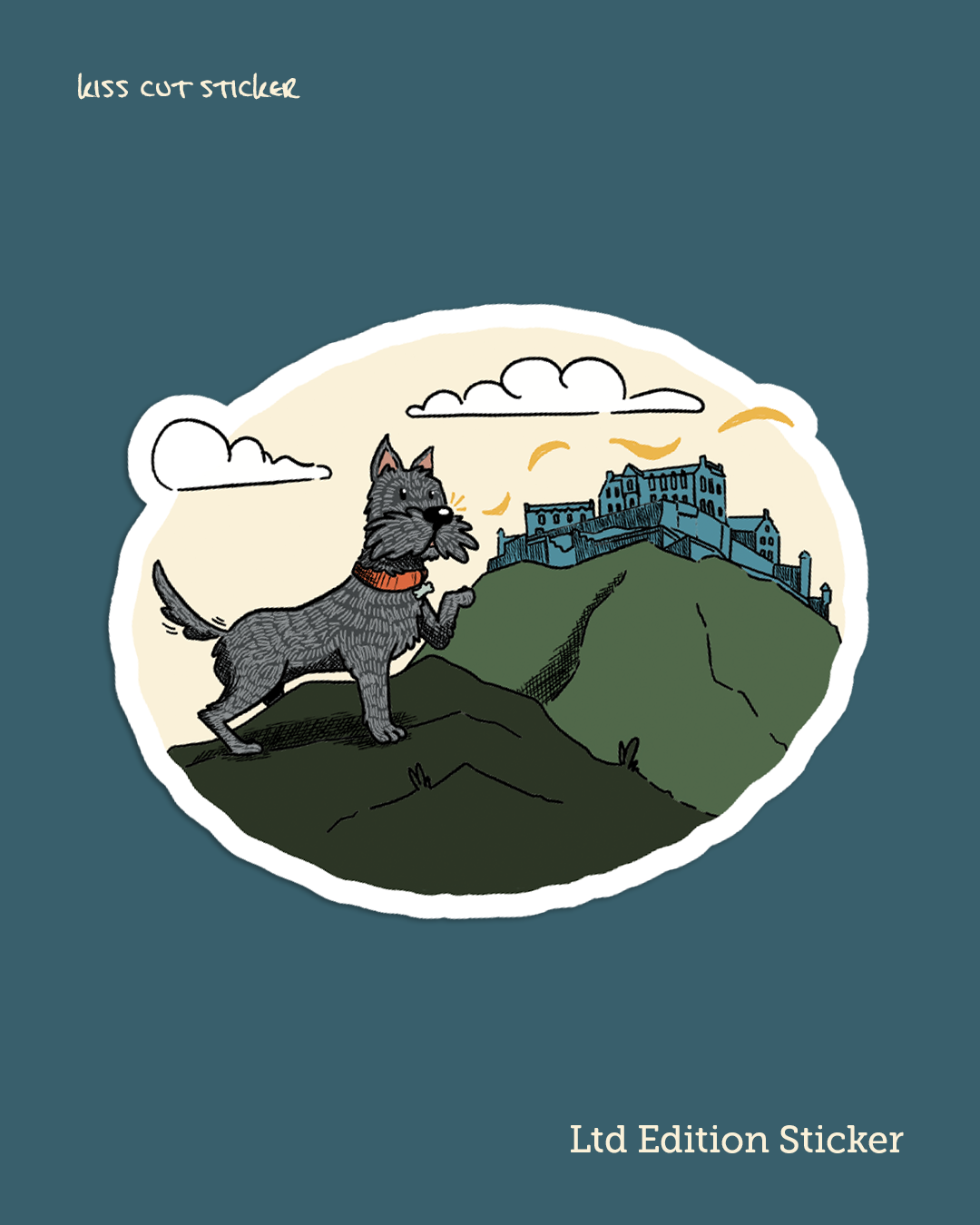 The front cover illustration from our kid's book 'You've Got P-Mail' on a kiss cut sticker; Cairn Terrier Pip in front of Edinburgh Castle. Set on a teal background.