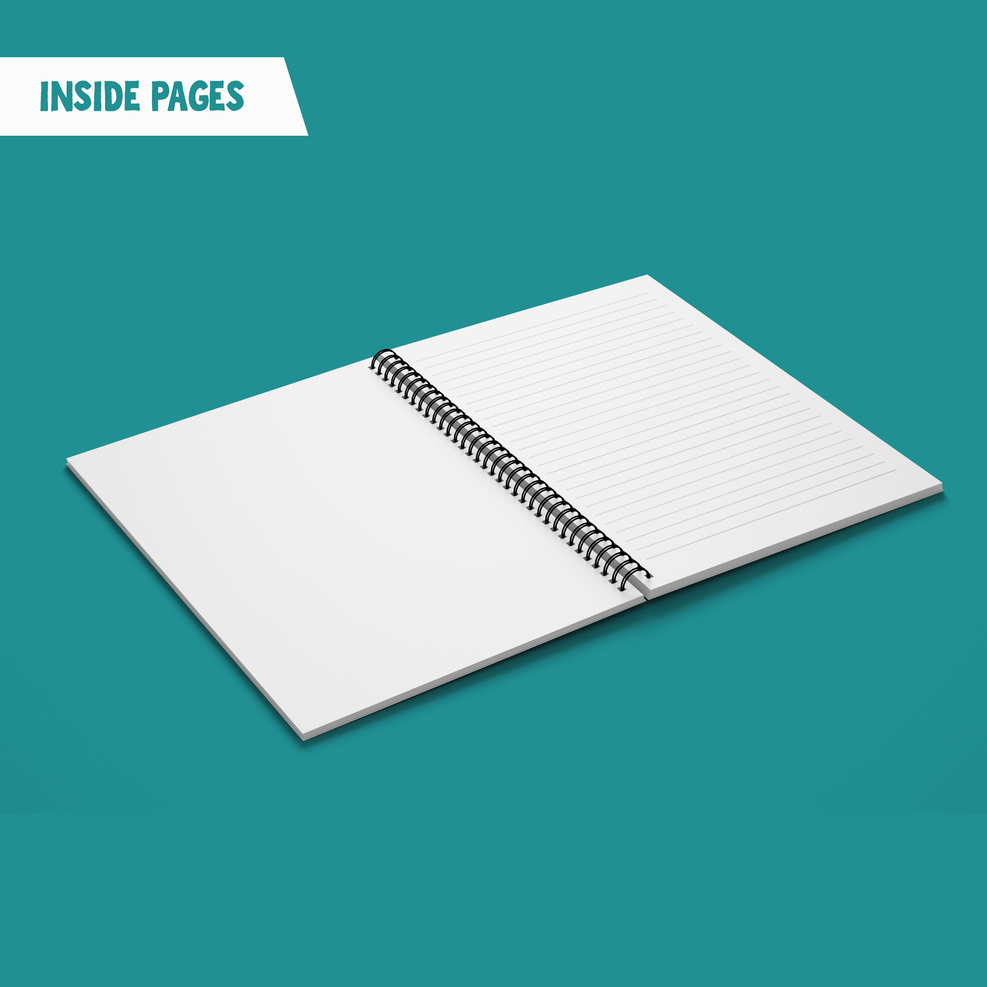 My A5 Greyfriars Bobby wire bound notebook lying open on a mint geen backdrop with a title 'Inside Pages'. The left one is blank, the right on is lined.