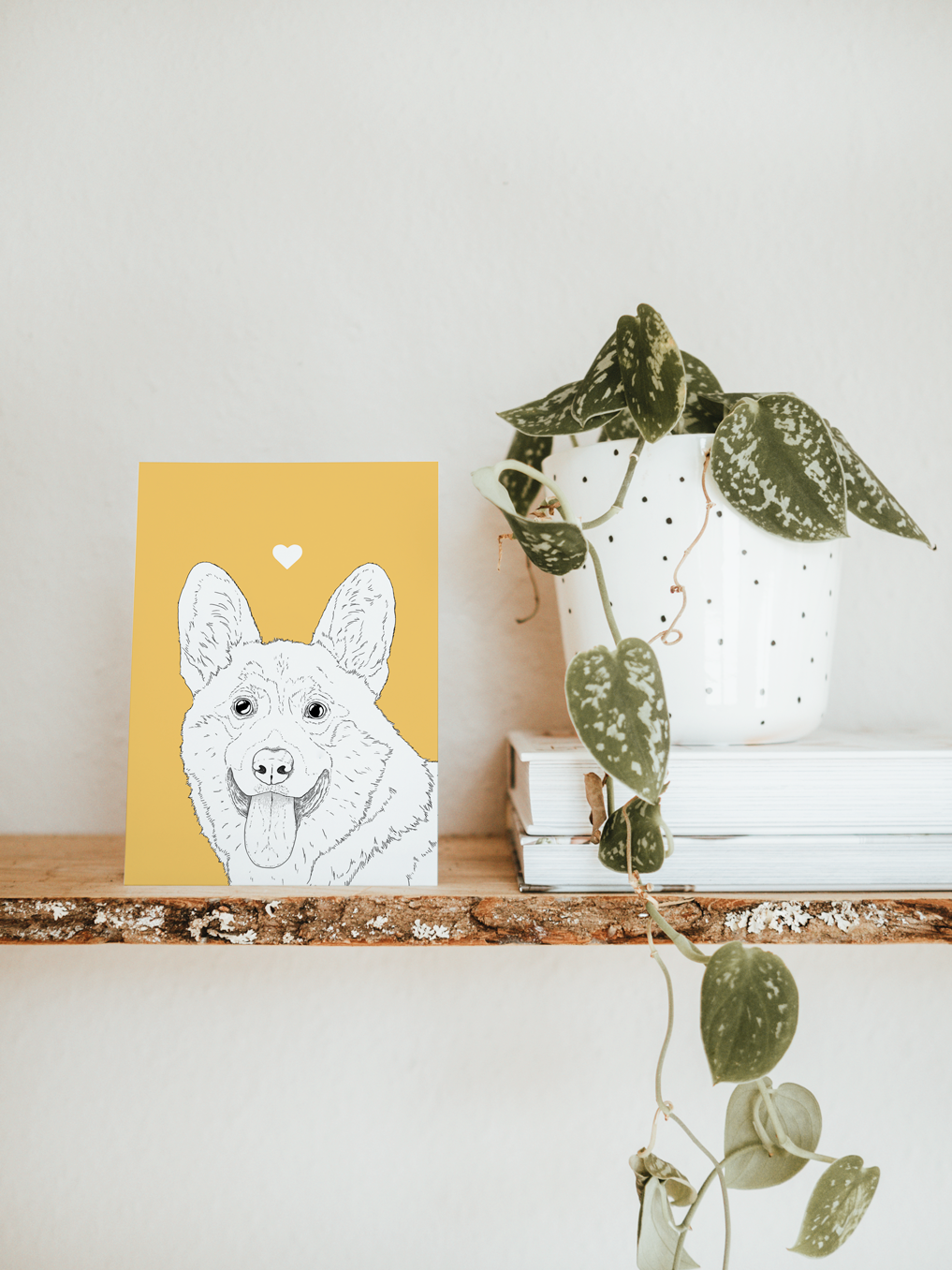 An A6 greetings card & white plant pot on a shelf. The card has a warm yellow coloured background, with a black & white digital illustration of the head & shoulders of a Corgi dog.