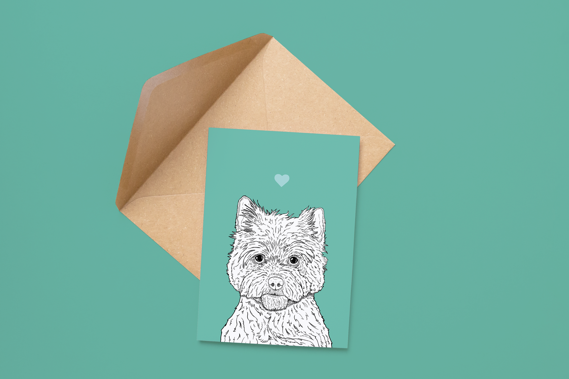 An A6 greetings card on a brown envelope. The card & image have a mint green background, with a black & white digital illustration of the head & shoulders of a Cairn Terrier dog.