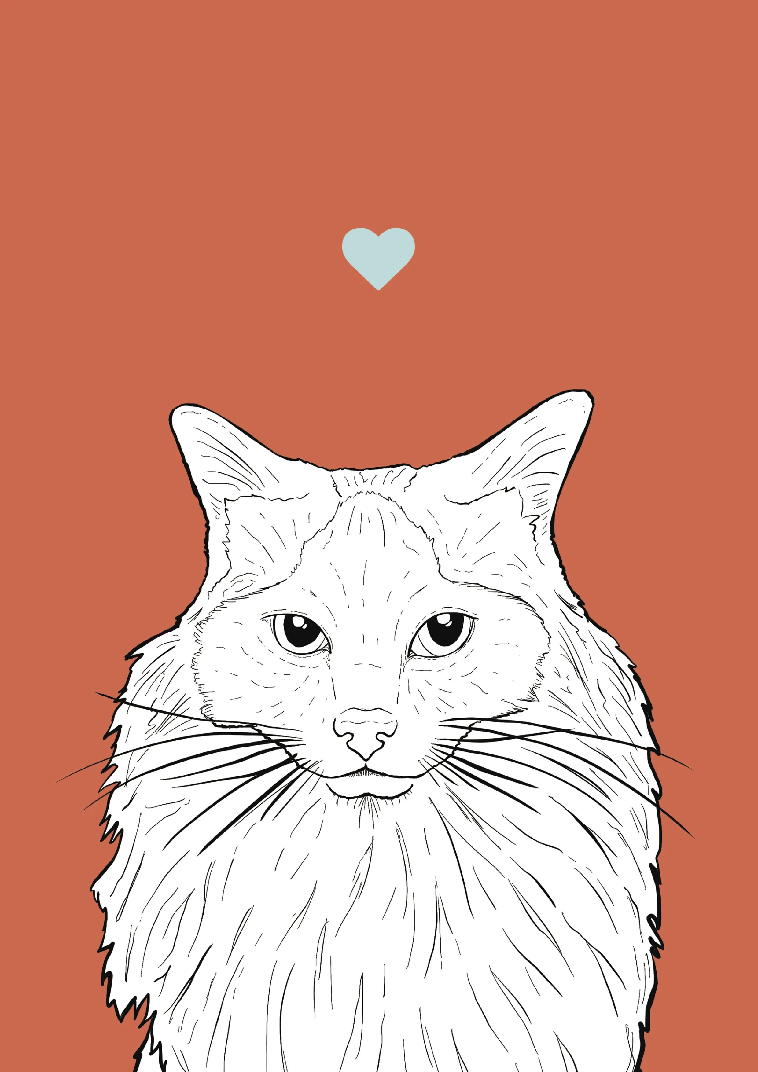 An A4 print with a red background & black & white digital illustration of the head & shoulders of a Ragdoll cat. A small light blue love heart sits not far above their head.