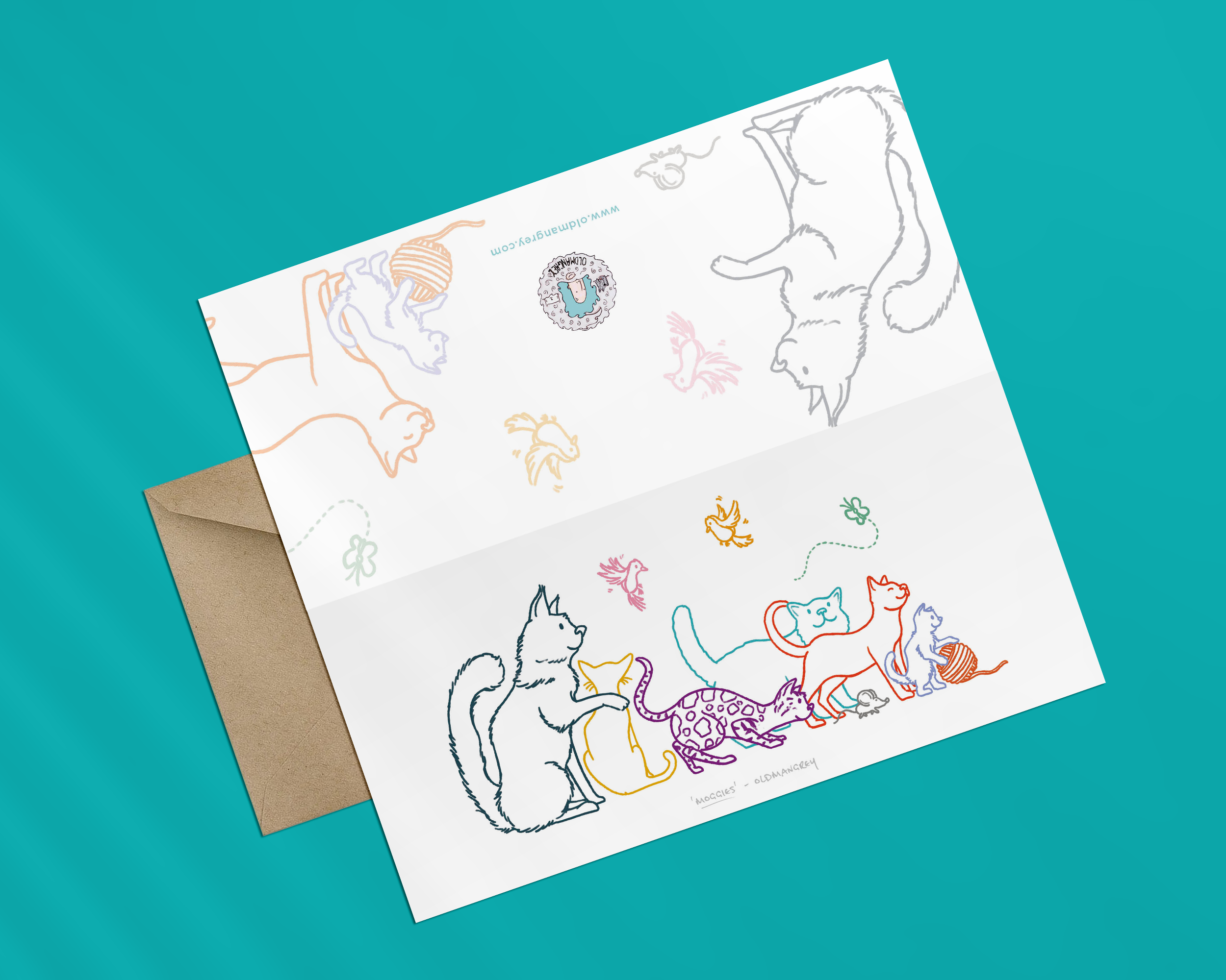 A landscape card opened out flat, with a colourful digital illustration of 6 cats, 2 birds, a butterfly & mouse, an abstract version on the reverse. The image has a bright blue background.