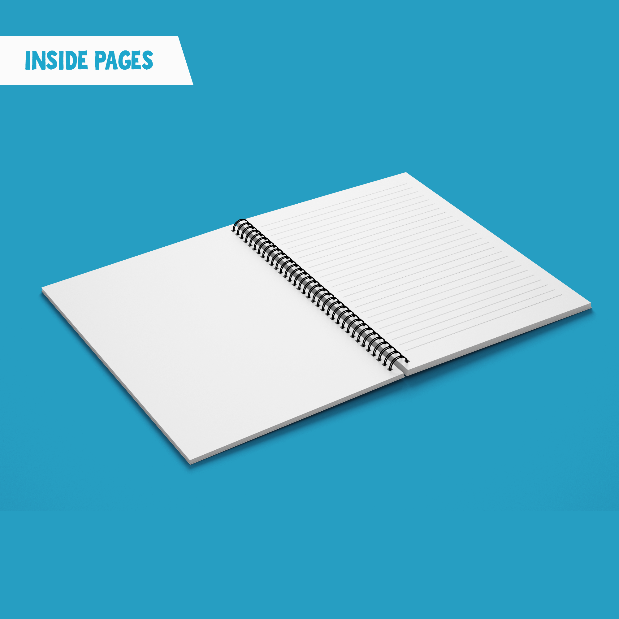 My A5 Puppy Pad wire bound notebook lying open on a mint geen backdrop with a title 'Inside Pages'. The left one is blank, the right on is lined.