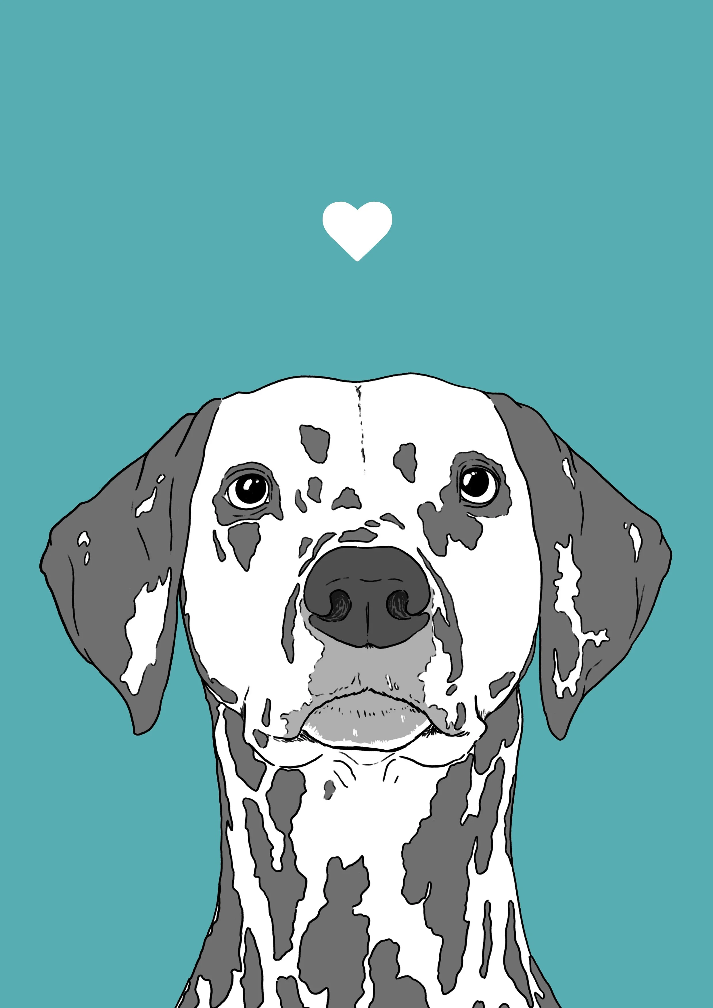 An A4 print with a turquoise background & black & white digital illustration of the head & shoulders of a Dalmatian dog. A small white love heart sits not far above their head.