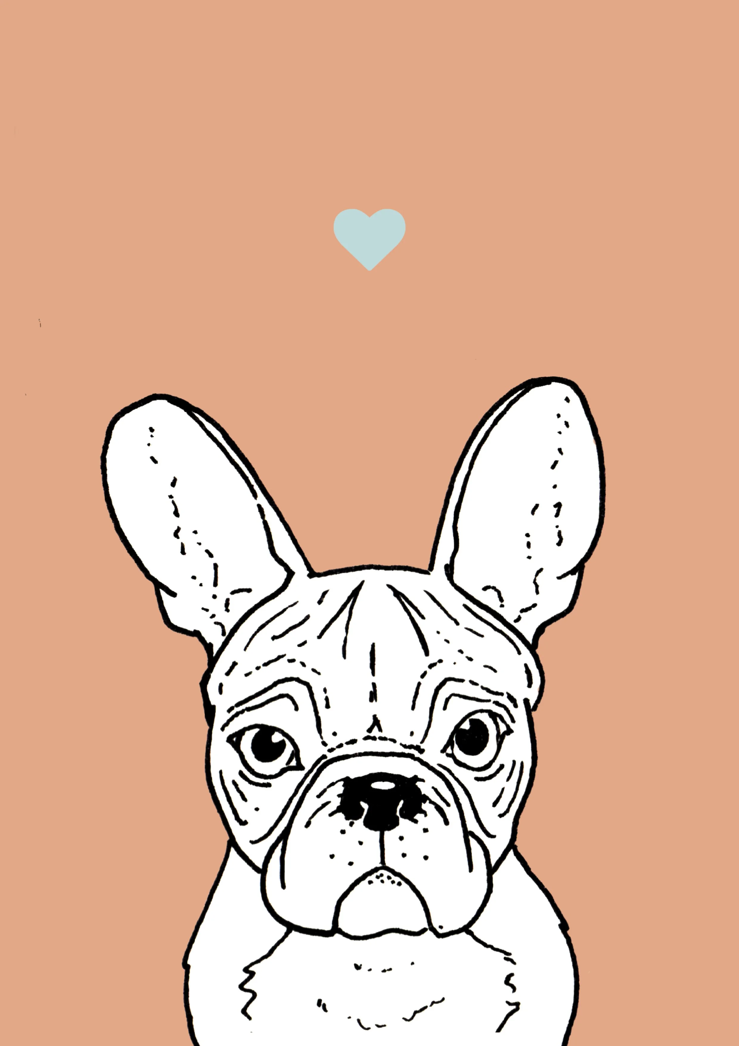 An A4 print with a pale pink background & black & white digital illustration of the head & shoulders of a Frenchie dog. A small light blue love heart sits not far above their head.