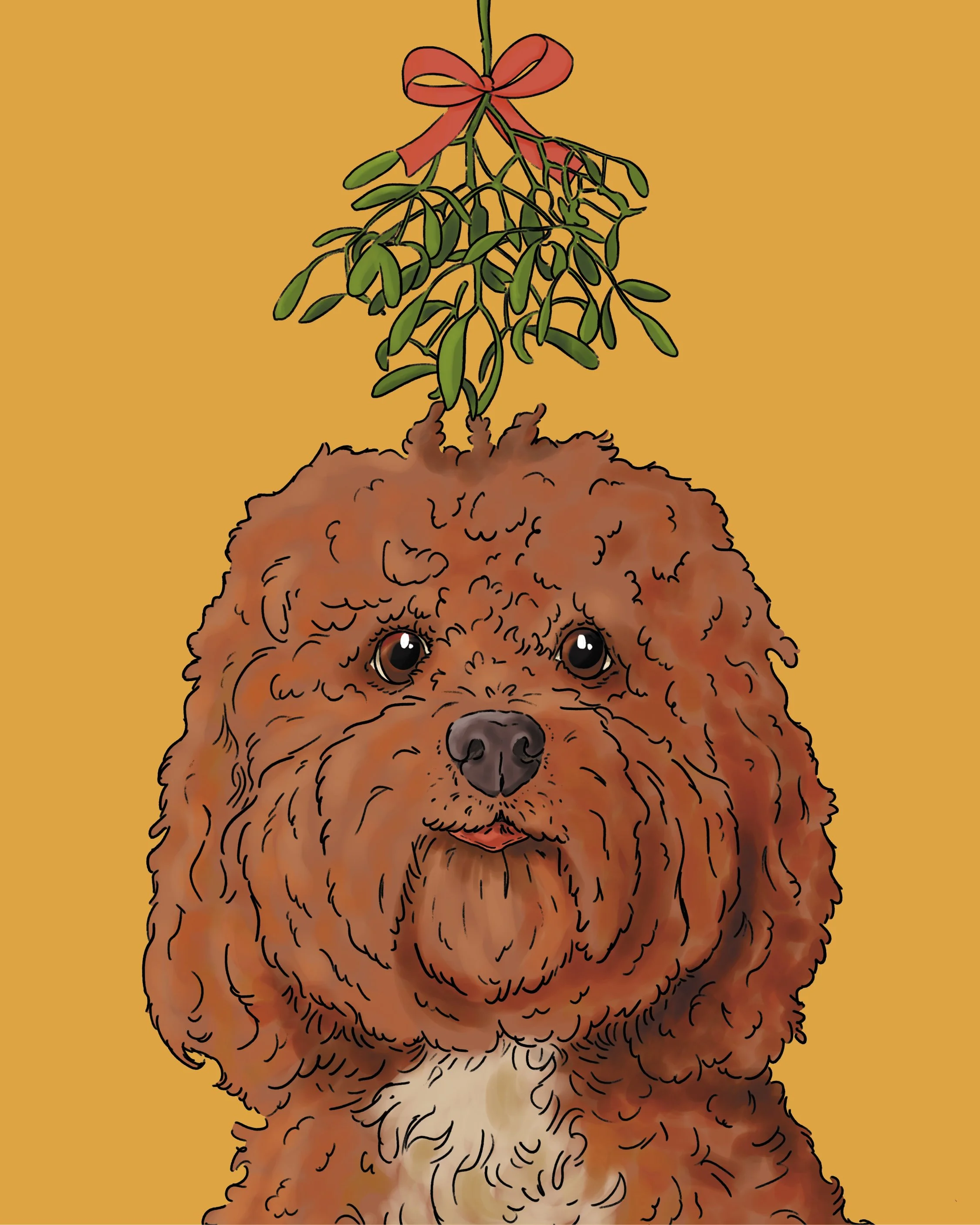 Design from an A6 Dog Christmas Card, bright digital illustration of a brown Cockapoo dog in under the mistletoe! Set on a flat yellow gold background.