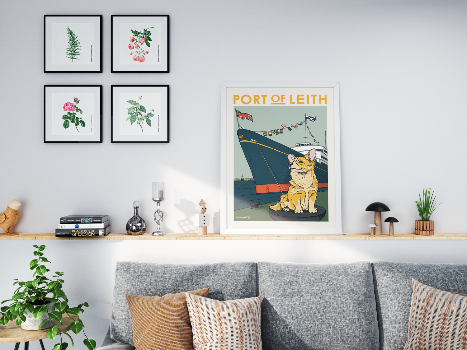 A4 digital illustration of a Corgi set against the Royal Yacht Britannia. Set on wooden shelf above a grey sofa.