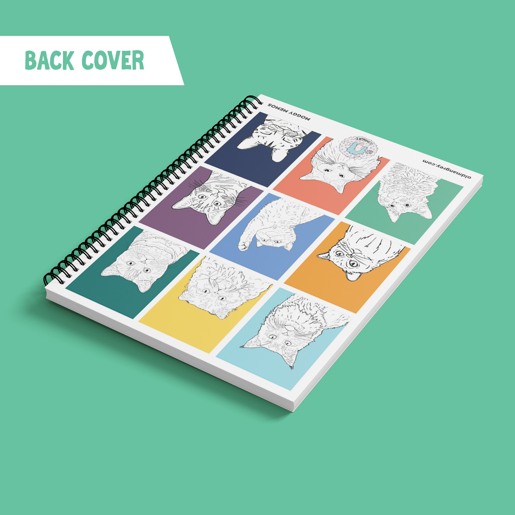 My A5 Moggy Memos wire bound notebook lying diagonally on a mint geen backdrop with a title 'Back Cover'. 9 coloured boxes each have a black & white illustration of the head & shoulders of a cat.