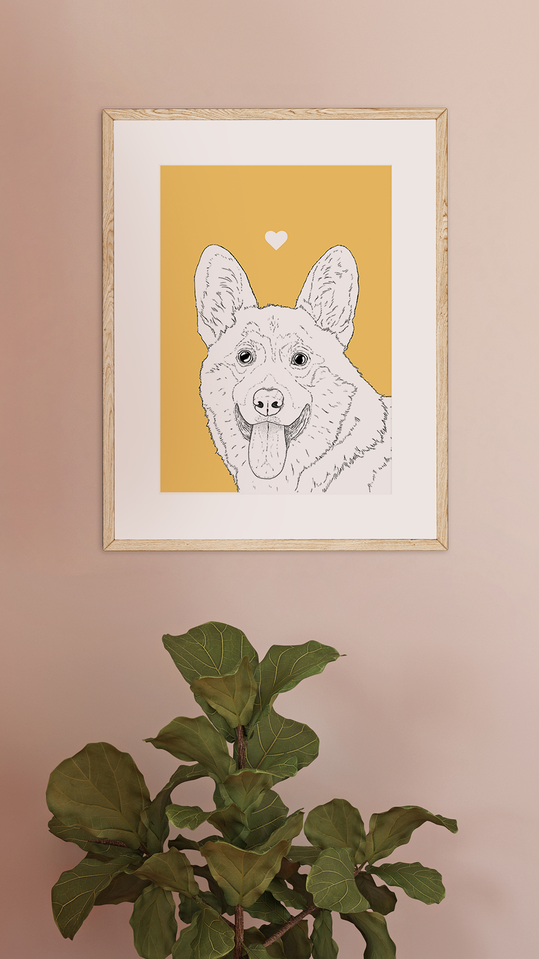 An A4 print in a white frame on a wall above a plant. It has a black & white illustration of the head & shoulders of a Corgi on a yellow background.