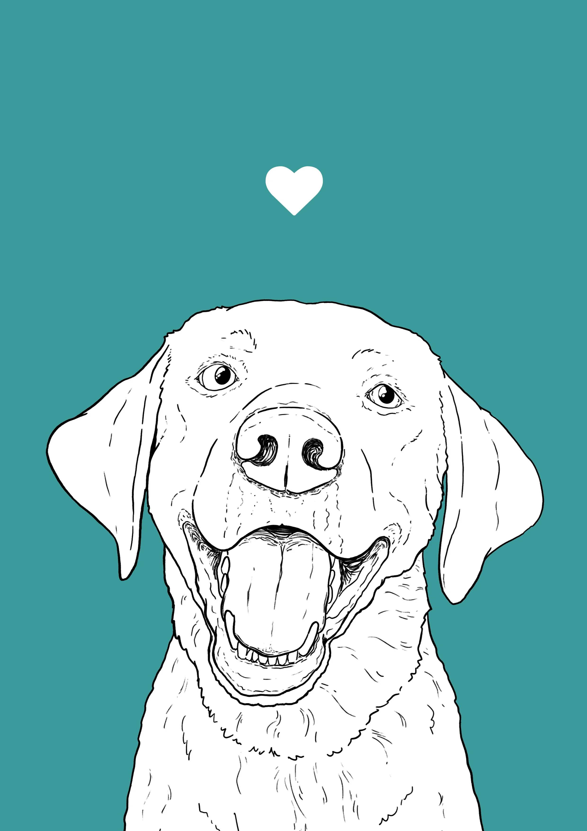 An A4 print with a turquoise background & black & white digital illustration of the head & shoulders of a Labrador dog. A small white love heart sits not far above their head.