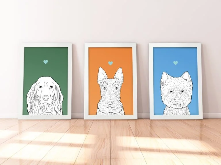 A trio of A4 prints in white wooden frames leaning against a white wall. Each has a black & white digital illustration of the head & shoulders of a different dog breed: Spaniel, Scottie & Westie