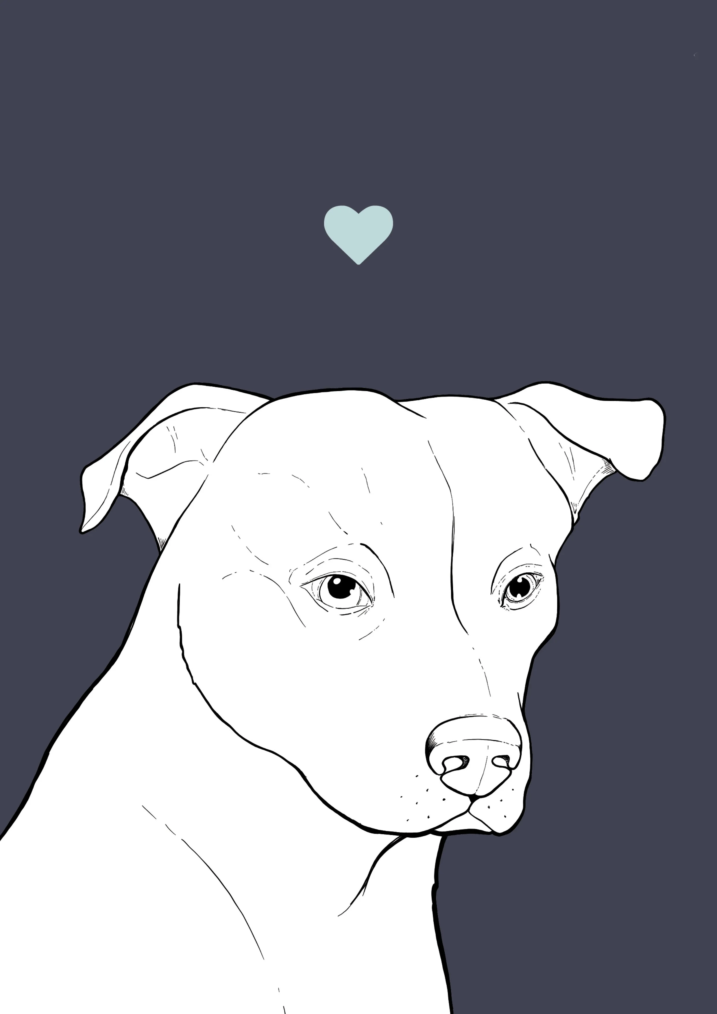 An A4 print with a blue background & black & white digital illustration of the head & shoulders of a Staffie dog. A small light blue love heart sits not far above their head.