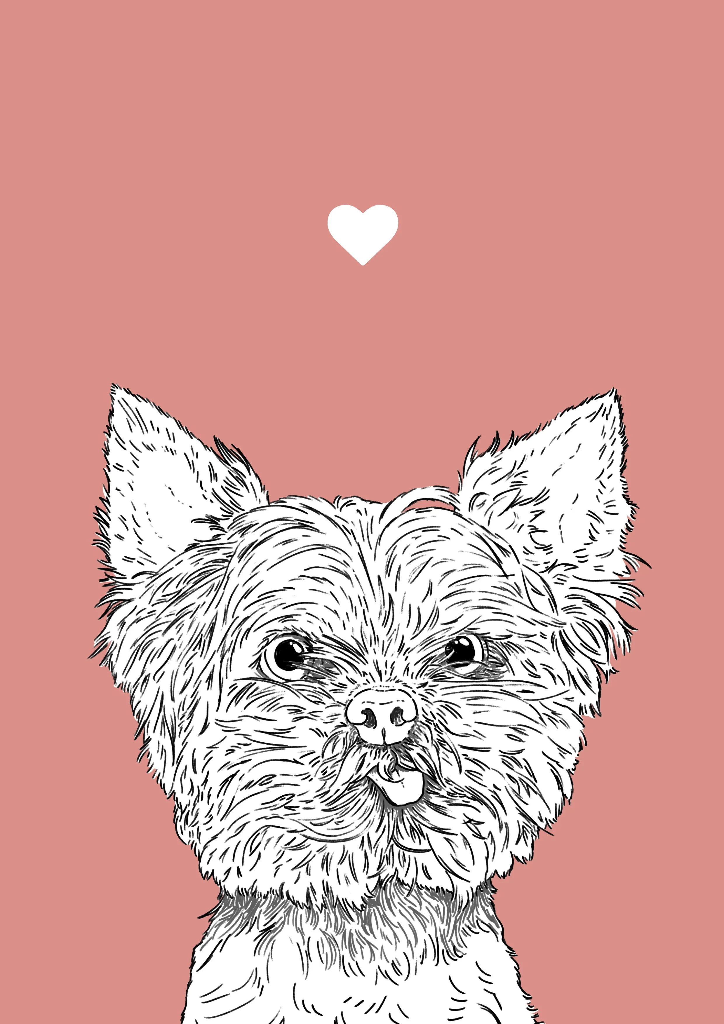 An A4 print with a pink background & black & white digital illustration of the head & shoulders of a Yorkie dog. A small white love heart sits not far above their head.