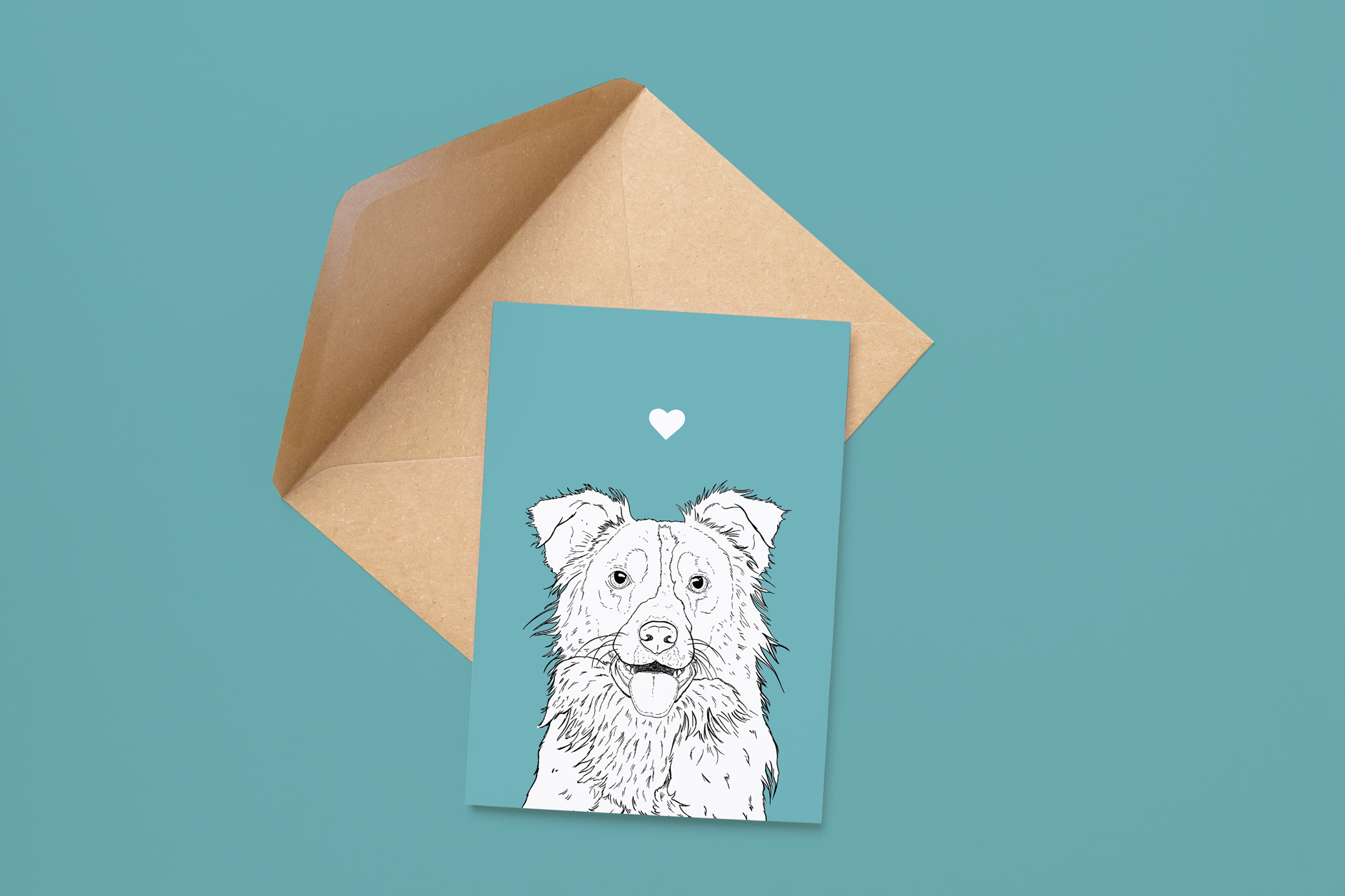 An A6 greetings card on a brown envelope. The card & image have a pale blue background, with a black & white digital illustration of the head & shoulders of a Border Collie dog.