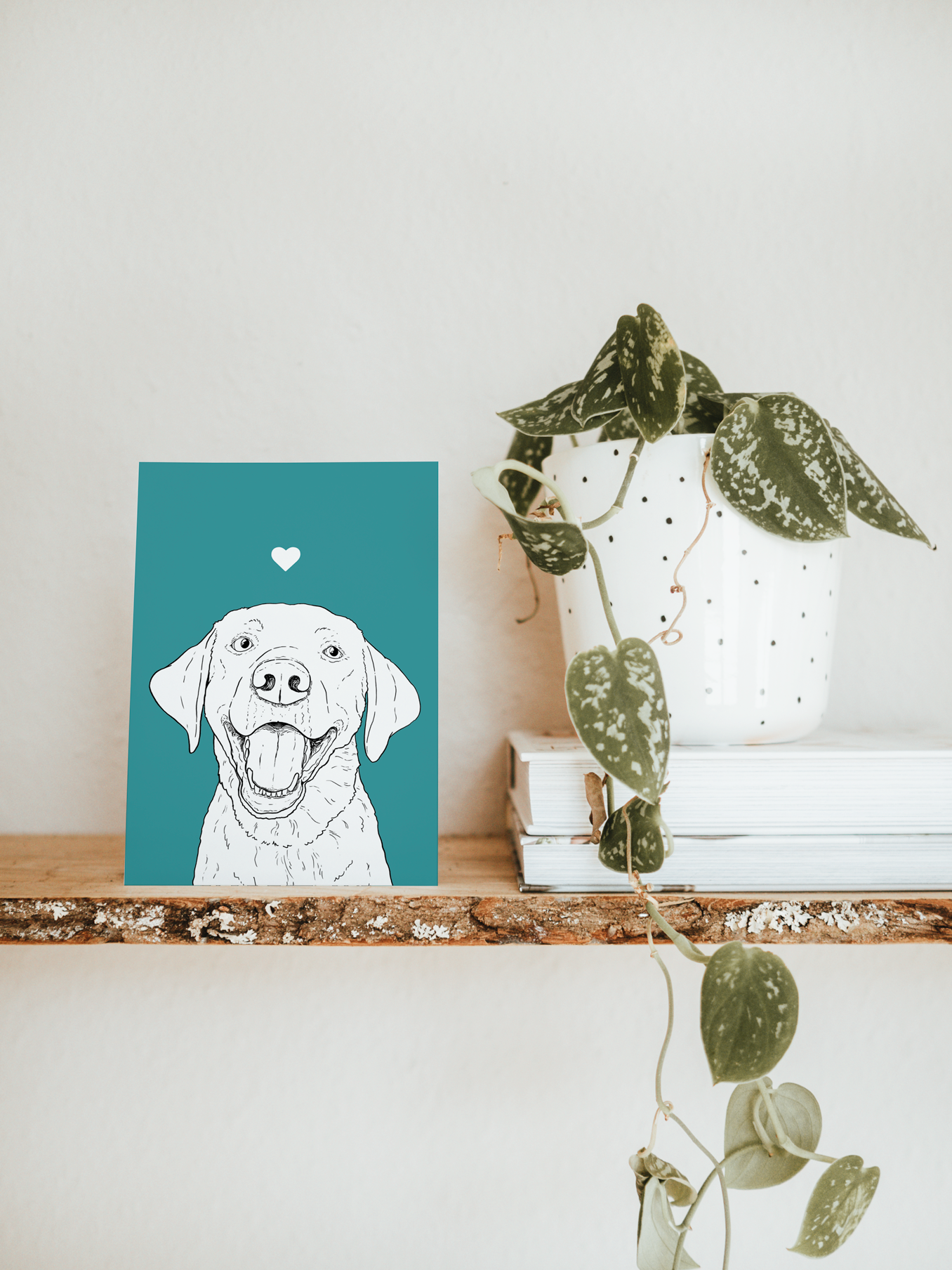 An A6 greetings card & white plant pot on a shelf. The card has a teal coloured background, with a black & white digital illustration of the head & shoulders of a Labrador dog.
