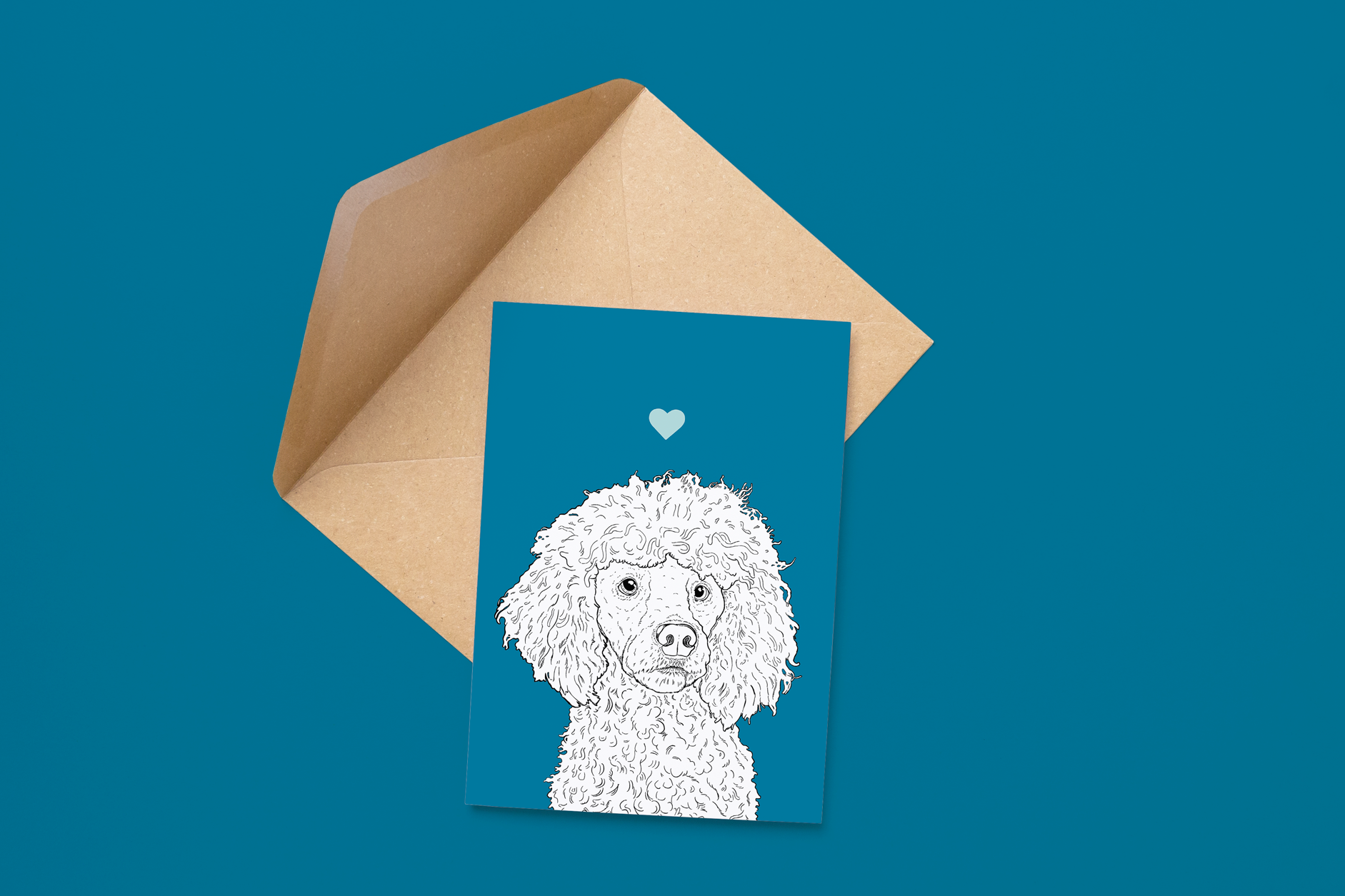 An A6 greetings card on a brown envelope. The card & image have a royal blue background, with a black & white digital illustration of the head & shoulders of a Poodle dog.